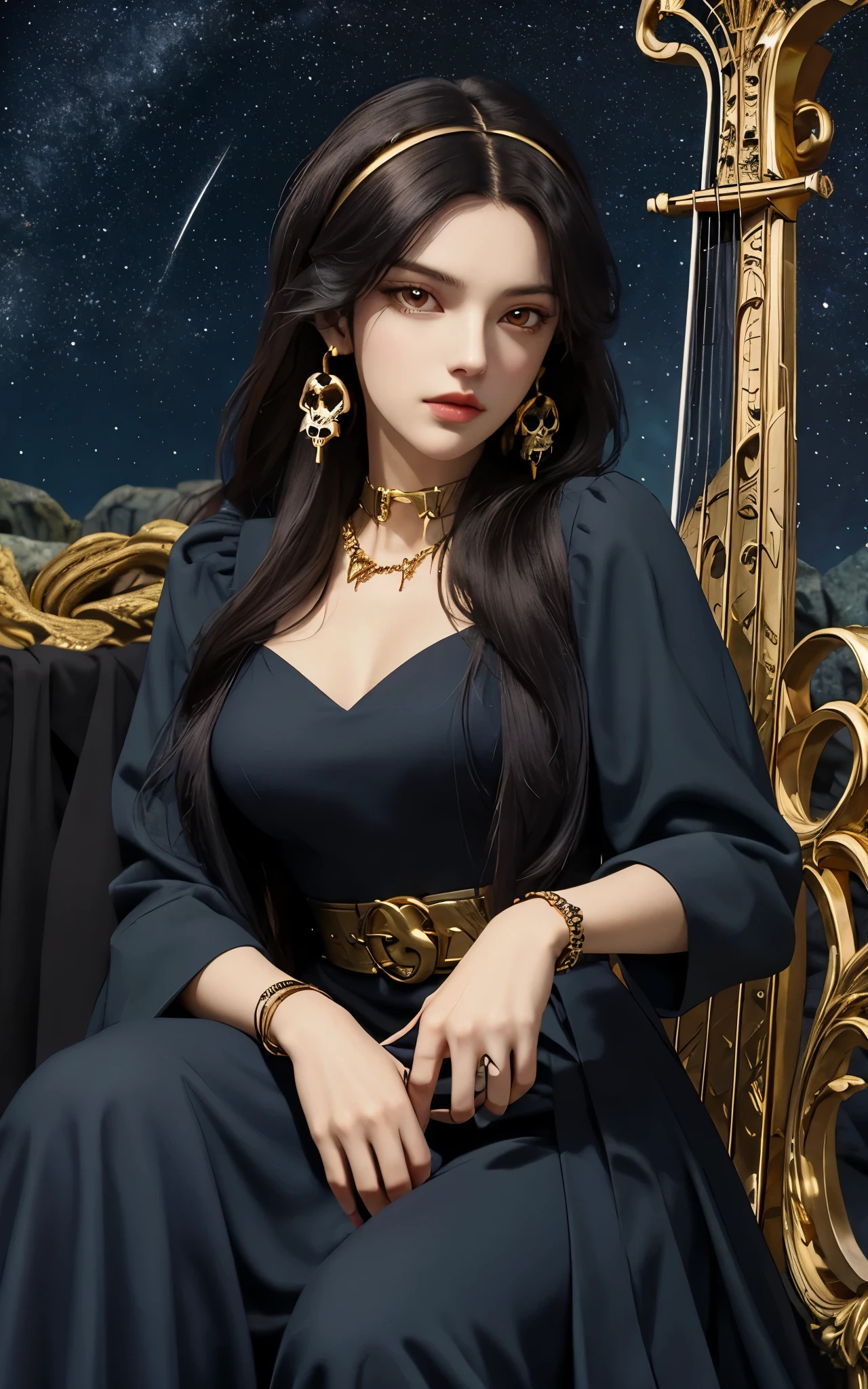 1 girl, solo, details, masterpiece, best quality, photorealistic realism, beautiful girl, long hair, black hair, skull headband,  gold earrings, red eyes, beautiful face, skull necklace, perfect body, large breast, open chest, black long dress, skull bracelet, gold earrings, gold belt, musical instrument,  sit on ancient chair, dark sky, dark temple, 