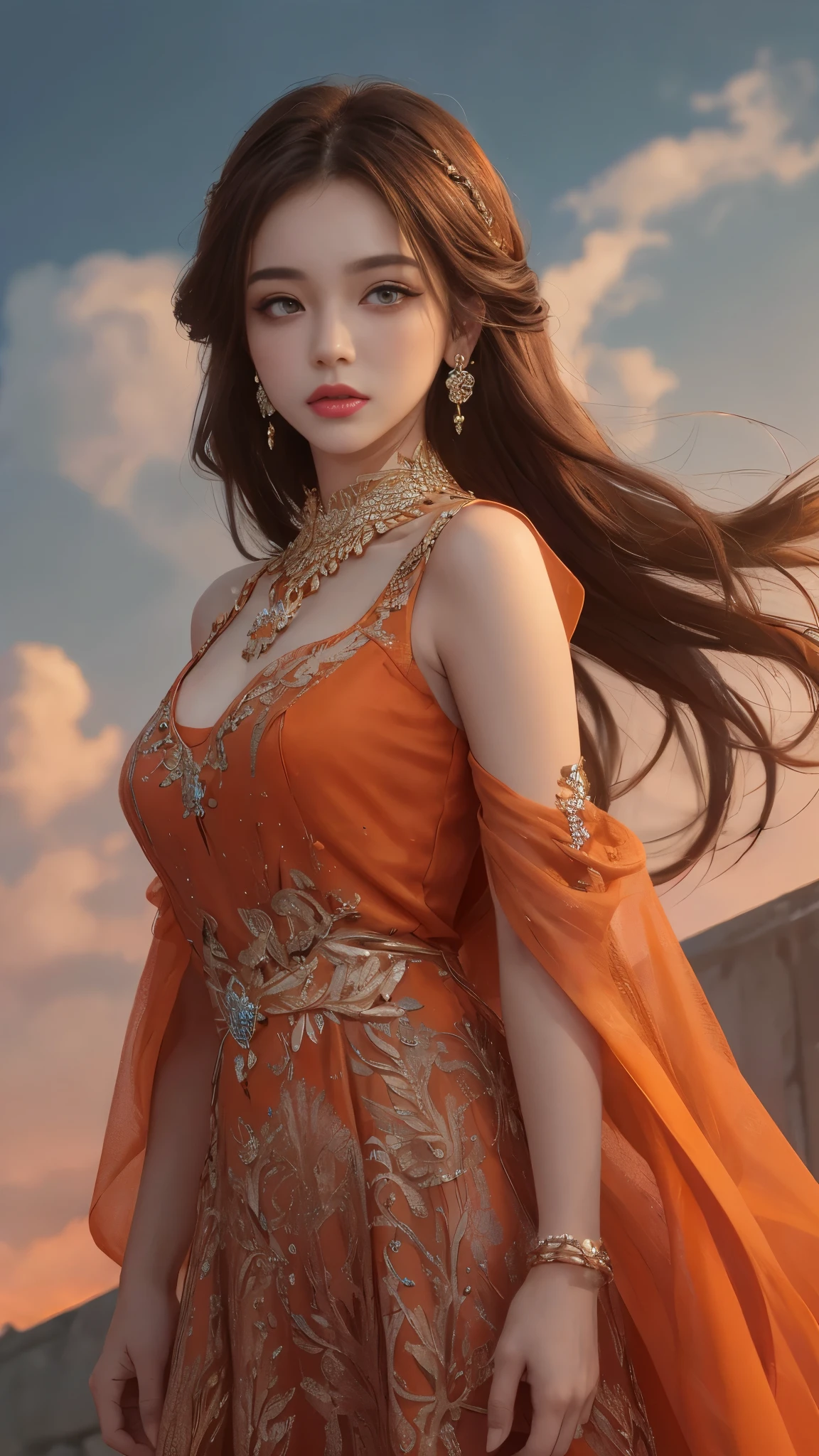8K, Ultra HD, HD Color, masterpiece, 1 girl, good face, Luminous Eyes, detailed lips, ultra long hair, (rob orange dress:1.5), (jewellery:1.5), Super artistic, cloudy sky background, morning, dark shadow,