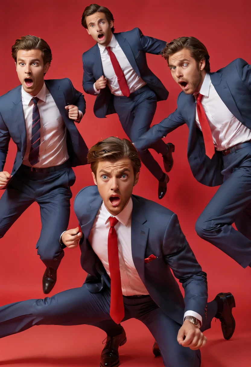 Suit and tie trio,dynamic poses,nervous expression, red background,style