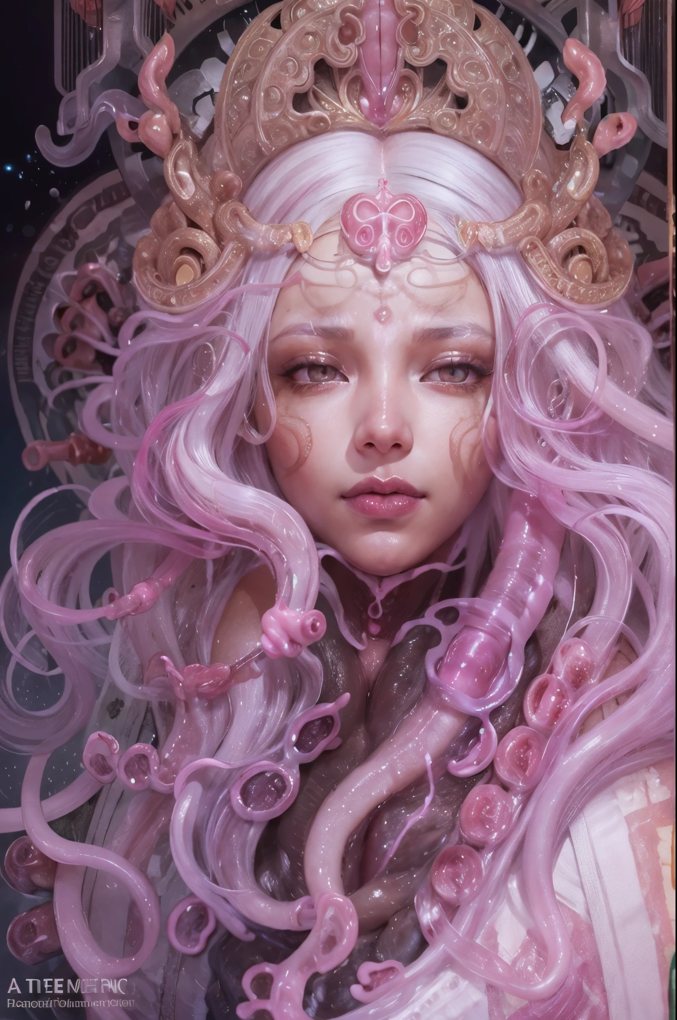  ((female ornate princess)), (with white long flowing hair), (bright beautiful eyes), trending on artstation, tentacles of beautiy by Jean-Honor Fragonard, Peter mohrbacher, hyper detailed, insane details, stunning, intricate, elite, art nouveau, ornate, liquid wax, elegant, luxury, Greg Rutkowski, ink style, sticker, vector-art beautiful character design, double exposure shot, luminous design, award winning, masterpiece, amoled black background, (There is a female genital-like organ in the middle of the forehead:1.9)