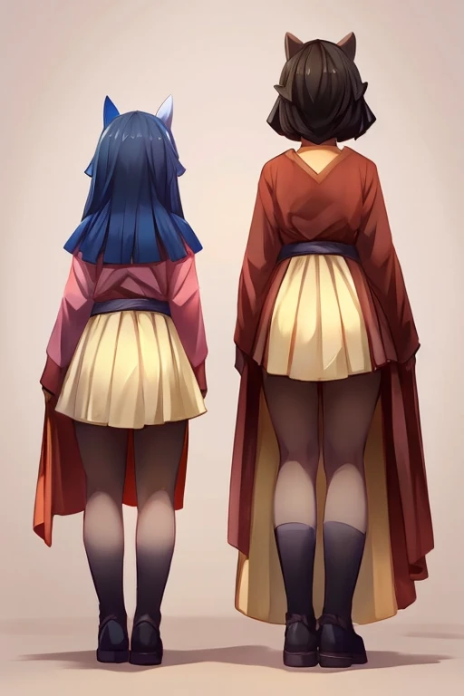 (((by obui:1.5))),2 females,mature mother AND little daughter,stand side by side,from below:0.5,full body view,(((Simple backgroud))),