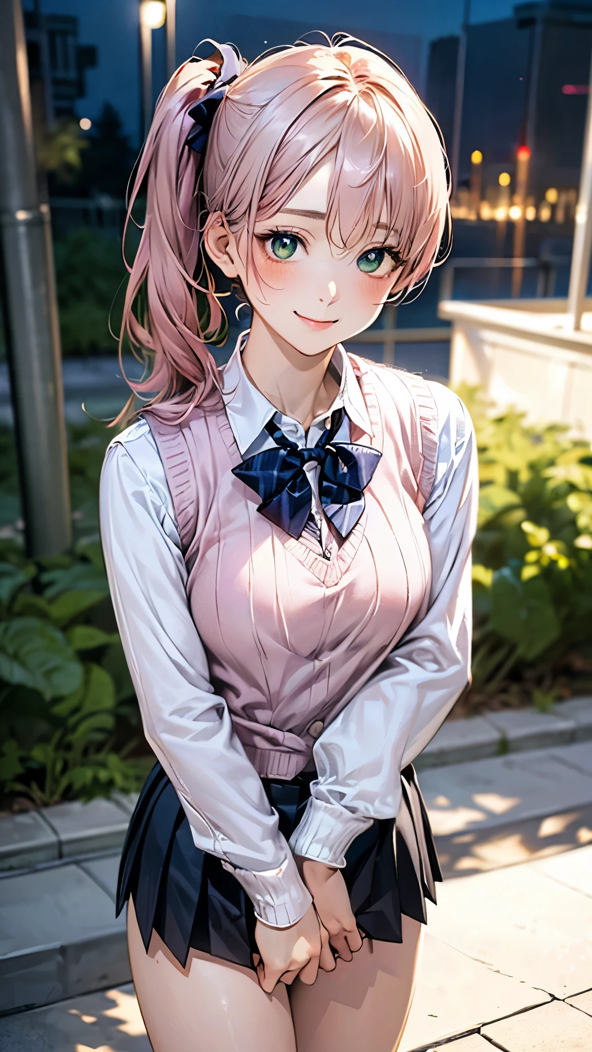 (masterpiece:1.2, top-quality), (realistic, photorealistic:1.4), beautiful illustration, (natural side lighting, movie lighting), nsfw, 
looking at viewer, cowboy shot, front view:0.6, 1 girl, japanese, high school girl, perfect face, cute and symmetrical face, shiny skin, 
(long hair:1.8, side ponytail:1.7, sidelocks, light pink hair), parted bangs, emerald green eyes, long eye lasher, (large breasts:0.8, thick thighs), 
beautiful hair, beautiful face, beautiful detailed eyes, beautiful clavicle, beautiful body, beautiful chest, beautiful thigh, beautiful legs, beautiful fingers, 
((((long sleeve)), roll up sleeves, white collared shirts, navy pleated mini skirt, black socks, brown loafers, red bow tie, pastel pink sleeveless knitted vest, black headband)), pink panties, 
(beautiful scenery), evening, riverside, walking, hands on chest, (lovely smile, upper eyes), 
