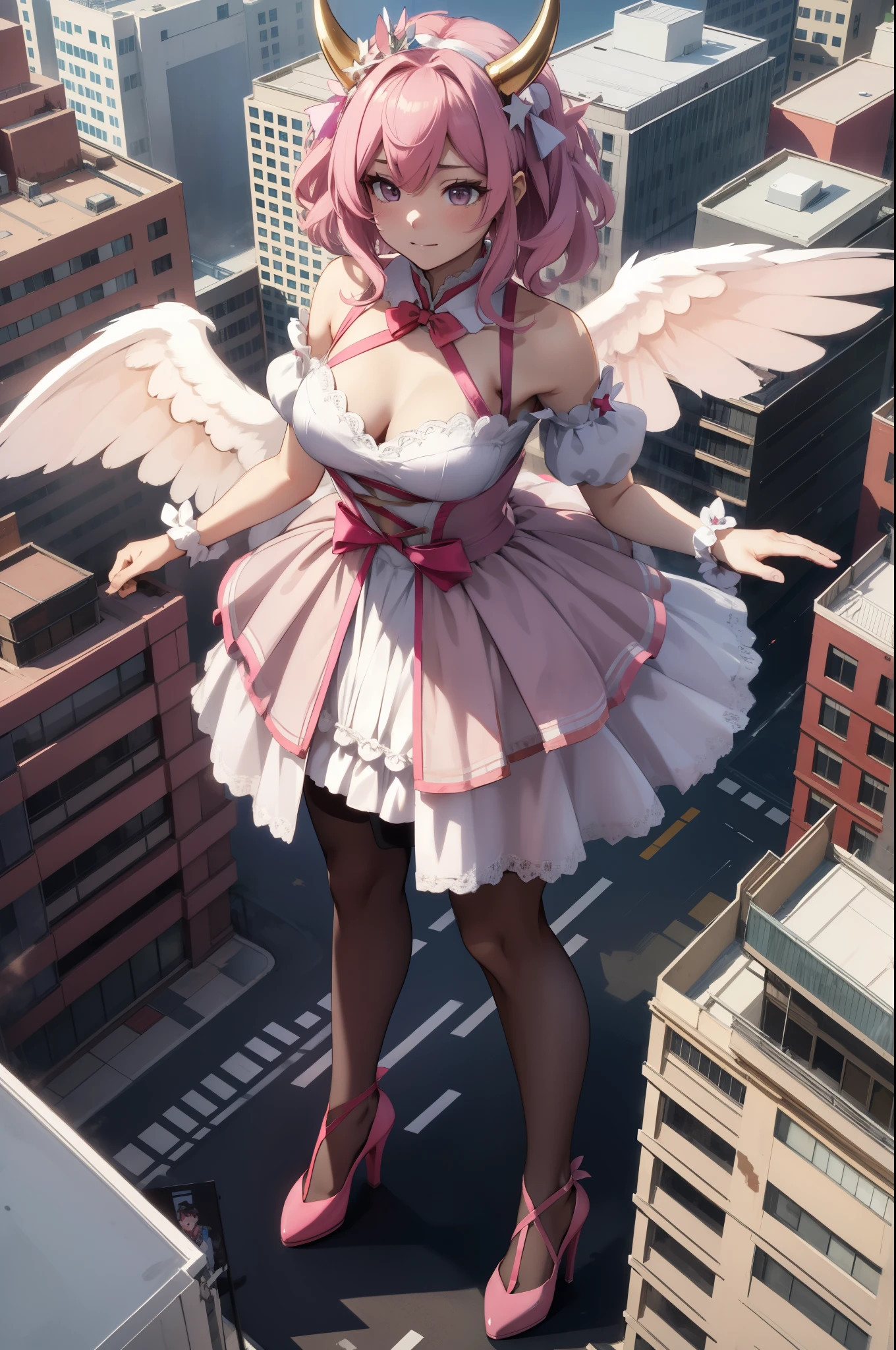 Aerial View，giant girl 50,000 feet high，Weight 1000kg，Has a pair of huge pink angel wings，With huge devil horns on his head，Has waist-length pink hair，loose hair，Pink wavy hair，Pink crown，Wearing a pair of pink Mary Jane high heels，Pink lace gloves，Pink lace pantyhose，Pantyhose with bow and star decorations，粉色蕾丝whole body，Standing upright on a small city，Beautiful appearance，Exquisite makeup，quality，8k，高quality，Perfect proportion, Cinema lighting，film grain，Fuji colors，8k，textured skin，Super details，high detail，high resolution，fake smile，blood stains，脚底有blood stains，whole body，Obese，feather