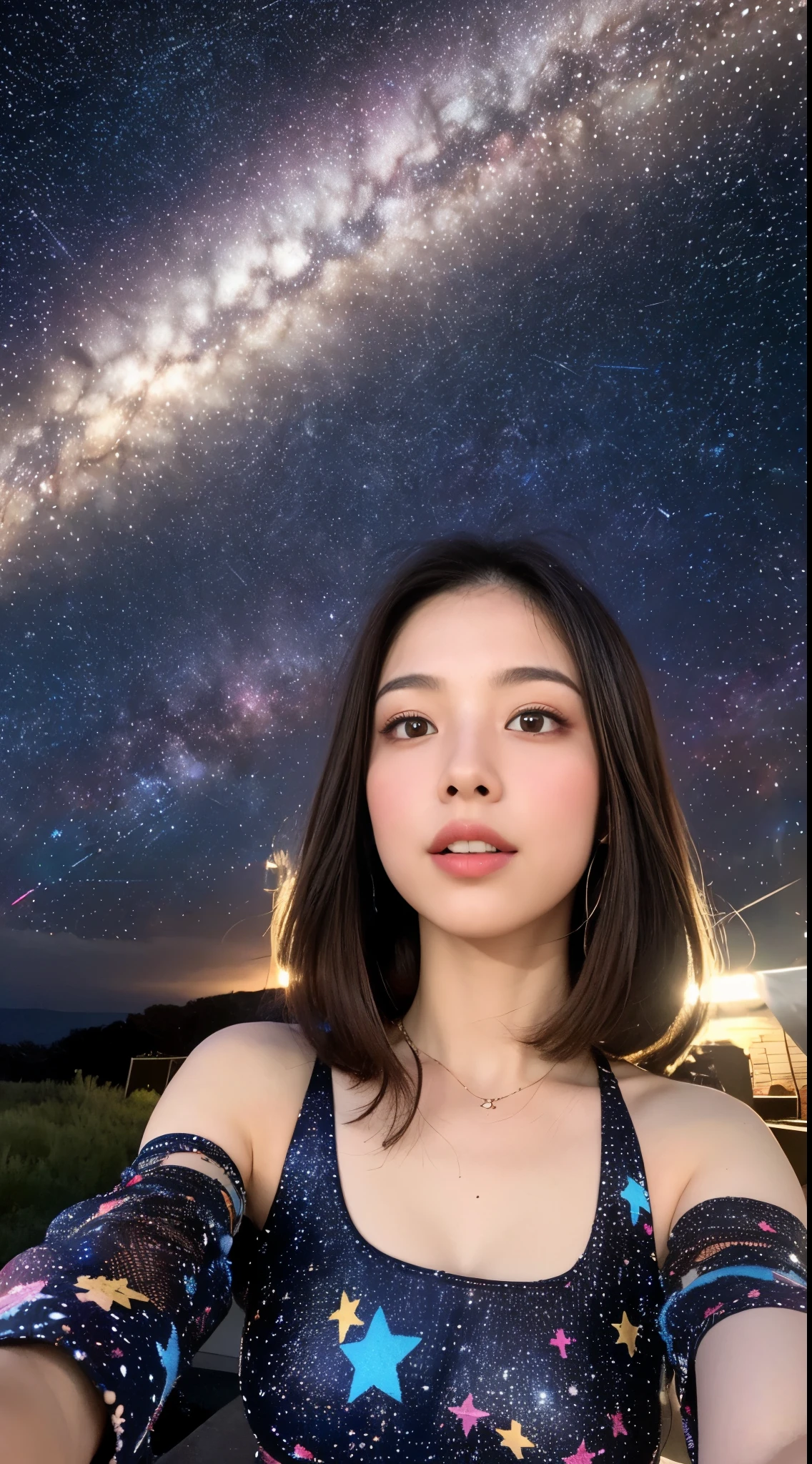 high detail, Super detailed, ultra high resolution, Girl enjoying her time in the galaxy of dreams, surrounded by stars, Warm light sprinkled on her, Starry sky with colorful galaxy and galactic clouds in the background, Stars flying around her, delicate face, Add a playful atmosphere , --v6