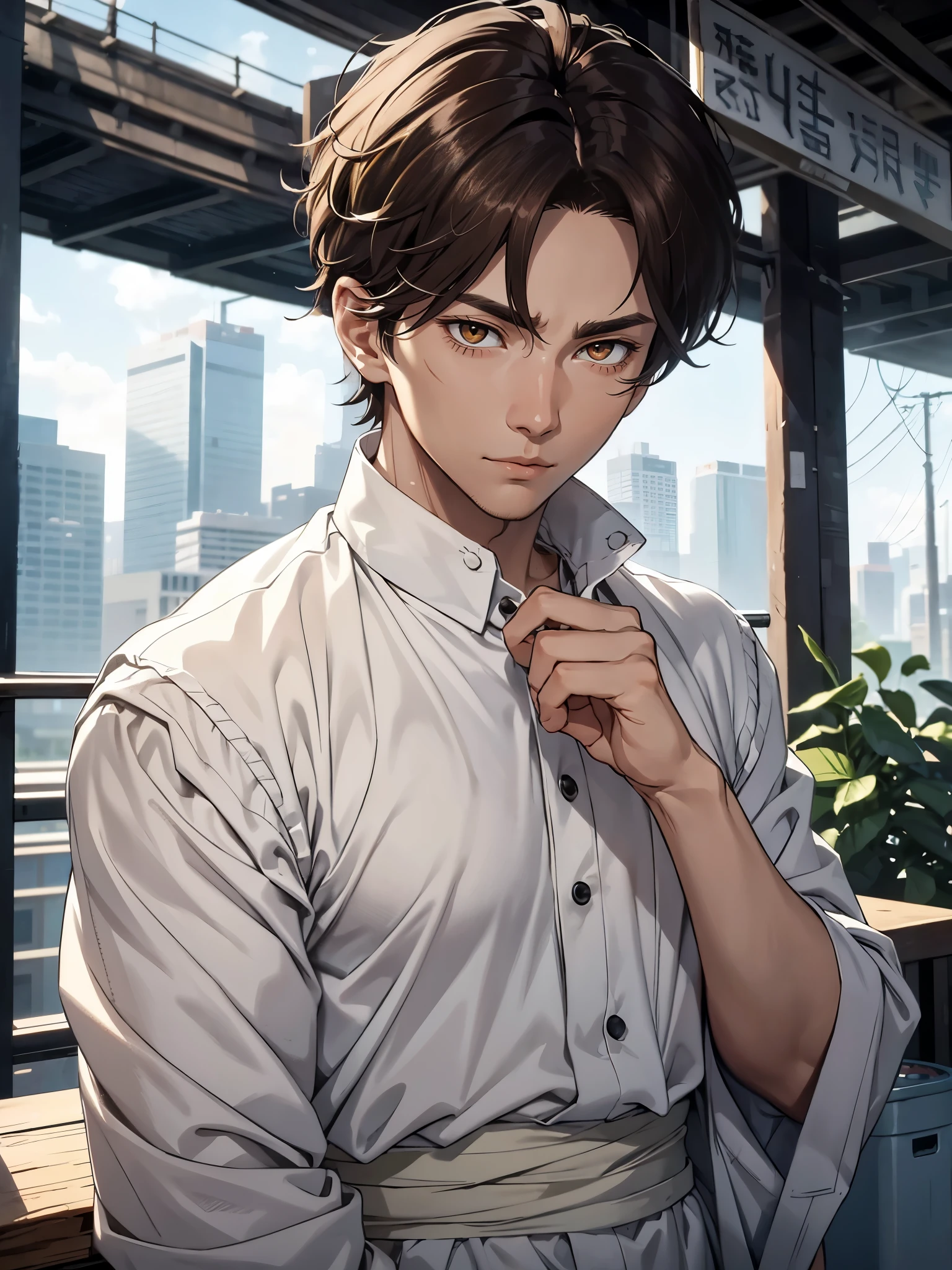 The guy is brown-haired, with striking contrasts of completely white eyes, framed by a short haircut that subtly revealed slight curls. His body bore the evidence of past hardships, marked by scars and covered in bandages on his hands. Dressed all in white, he moved with a relaxed and composed demeanor, the tranquility of his face a stark contrast to the urban hustle and bustle around him.