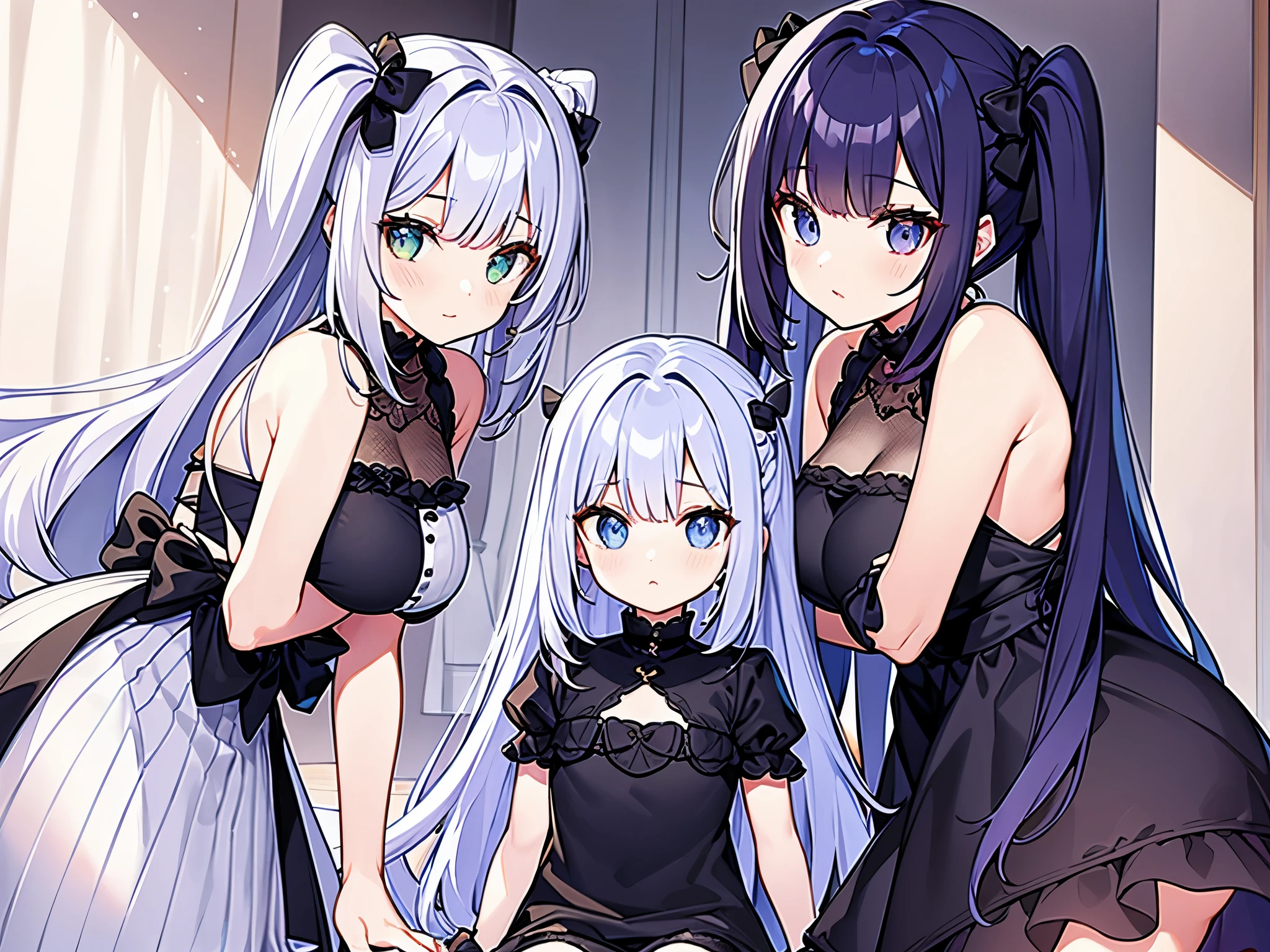 twins sister, hairstyles different, hair colors different, eye colors different, iris colors different, outfit styles different,