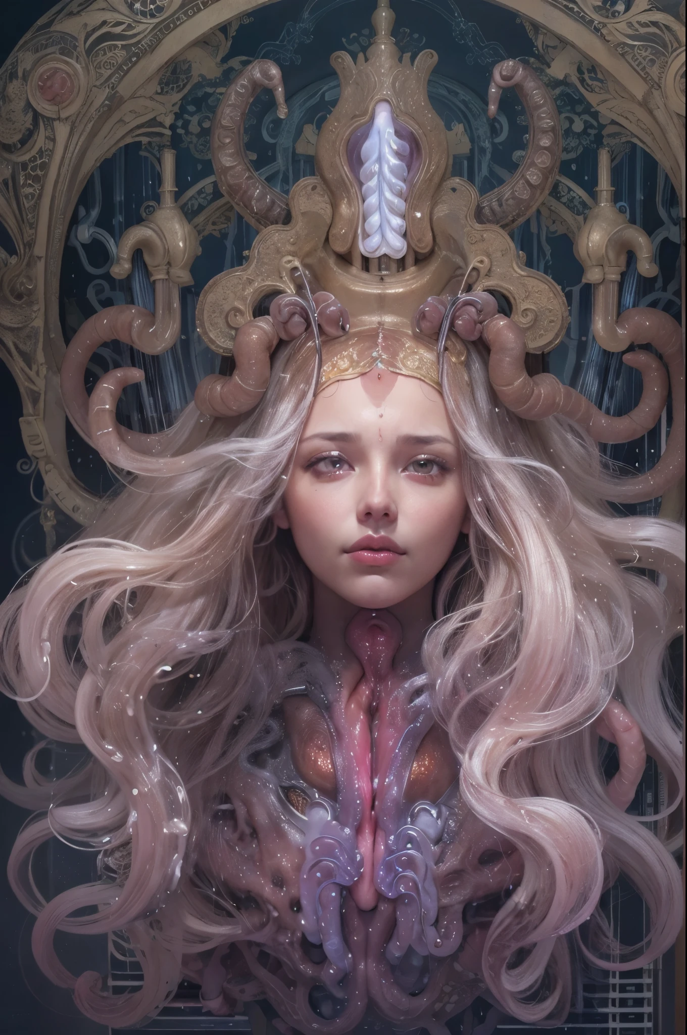  ((sexy female ornate princess)), (with white long flowing hair), (bright beautiful eyes), trending on artstation, tentacles of beautiy by Jean-Honor Fragonard, Peter mohrbacher, hyper detailed, insane details, stunning, intricate, elite, art nouveau, ornate, liquid wax, elegant, luxury, Greg Rutkowski, ink style, sticker, vector-art beautiful character design, double exposure shot, luminous design, award winning, masterpiece, amoled black background, (There is a female genital-like organ in the middle of the forehead:1.9)