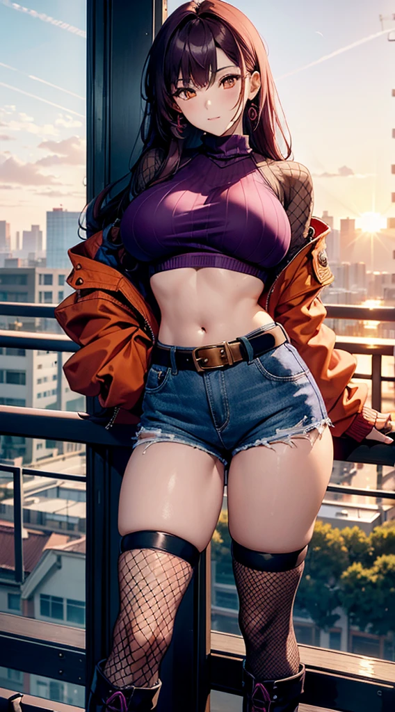 (masterpiece), high-definition, vibrant colors, korean girl, big boobs, big hips, messy dark purple hair, orange eyes, crop top sweater, jacket, shorts, belt, thong, thigh high stockings, boots, fishnet, balcony, leaning on the railing, sunset