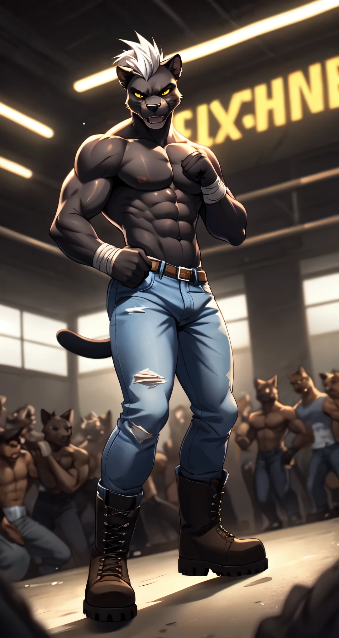 By fumiko, by hyattlen, solo, black panther male, masculine, muscular, black furry body, black cat ears, cute snout, black cat nose, yellow eyes, white hair, faux hawk hair, shirtless, bruised body, denim skinny jeans, brown timberland boots, snarling, furrowed eyebrows, indoors, in a fight club, underground fighting arena, fists wrapped in white bandages, a crowd in the background, pov