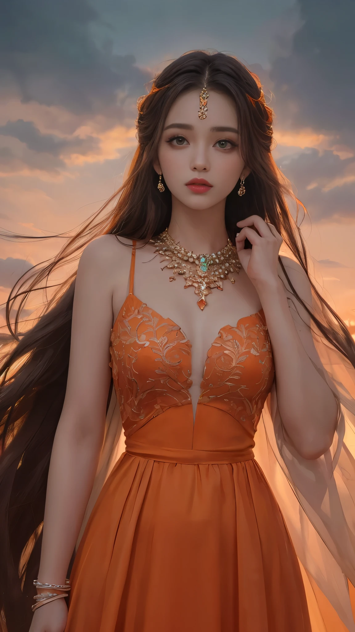 8K, Ultra HD, HD Color, masterpiece, 1 girl, good face, Luminous Eyes, detailed lips, ultra long hair, (rob orange dress:1.5), (jewellery:1.5), Super artistic, cloudy sky background, morning, dark shadow,