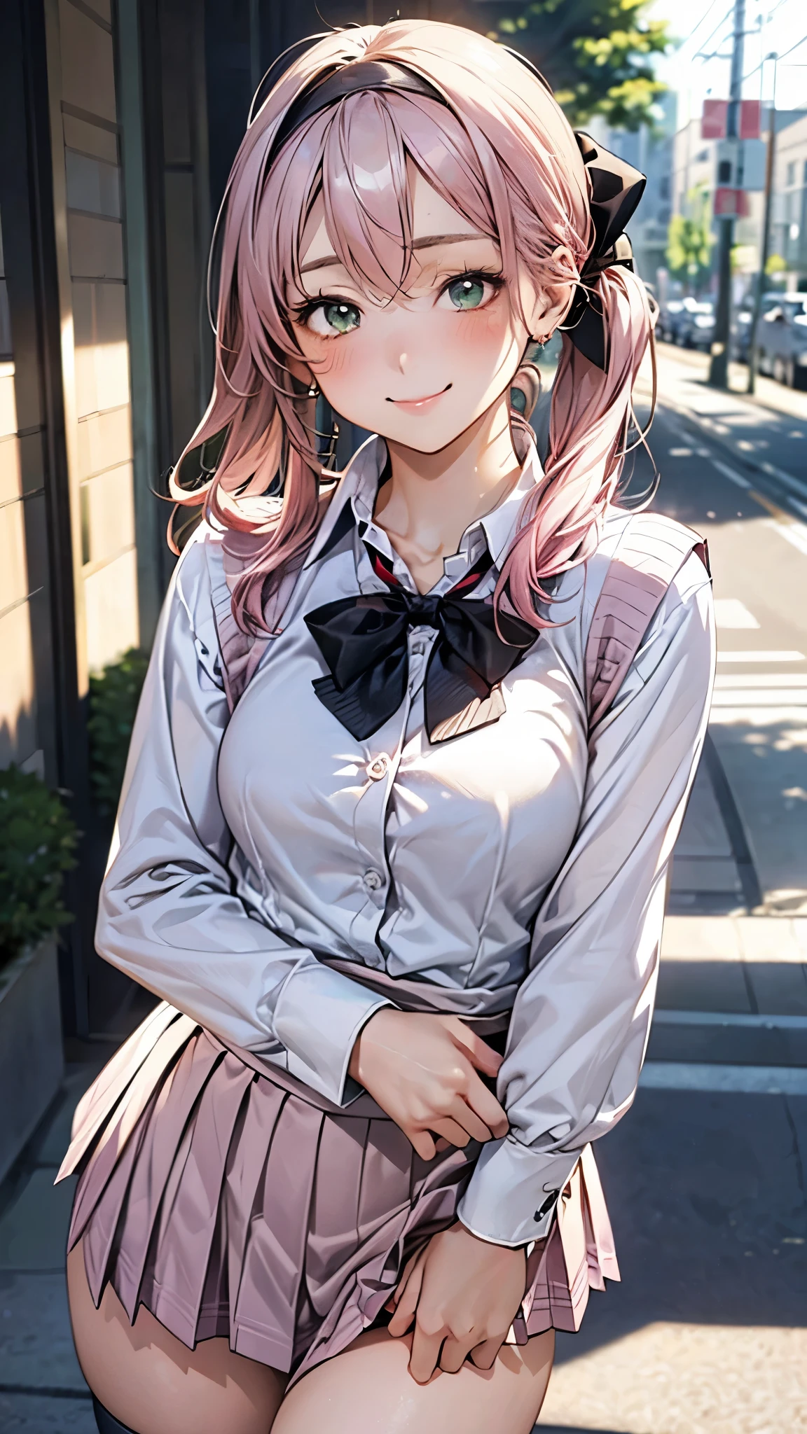 (masterpiece:1.2, top-quality), (realistic, photorealistic:1.4), beautiful illustration, (natural side lighting, movie lighting), nsfw,
looking at viewer, cowboy shot, front view:0.6, 1 girl, japanese, high school girl, perfect face, cute and symmetrical face, shiny skin,
(long hair:1.8, side ponytail:1.7, sidelocks, light pink hair), parted bangs, emerald green eyes, long eye lasher, (large breasts:0.8, thick thighs),
beautiful hair, beautiful face, beautiful detailed eyes, beautiful clavicle, beautiful body, beautiful chest, beautiful thigh, beautiful legs, beautiful fingers,
((((long sleeve)), roll up sleeves, white collared shirts, navy pleated mini skirt, black socks, brown loafers, red bow tie, pastel pink sleeveless knitted vest, black headband)), pink panties,
(beautiful scenery), evening, riverside, walking, heart hands, (lovely smile, upper eyes),
