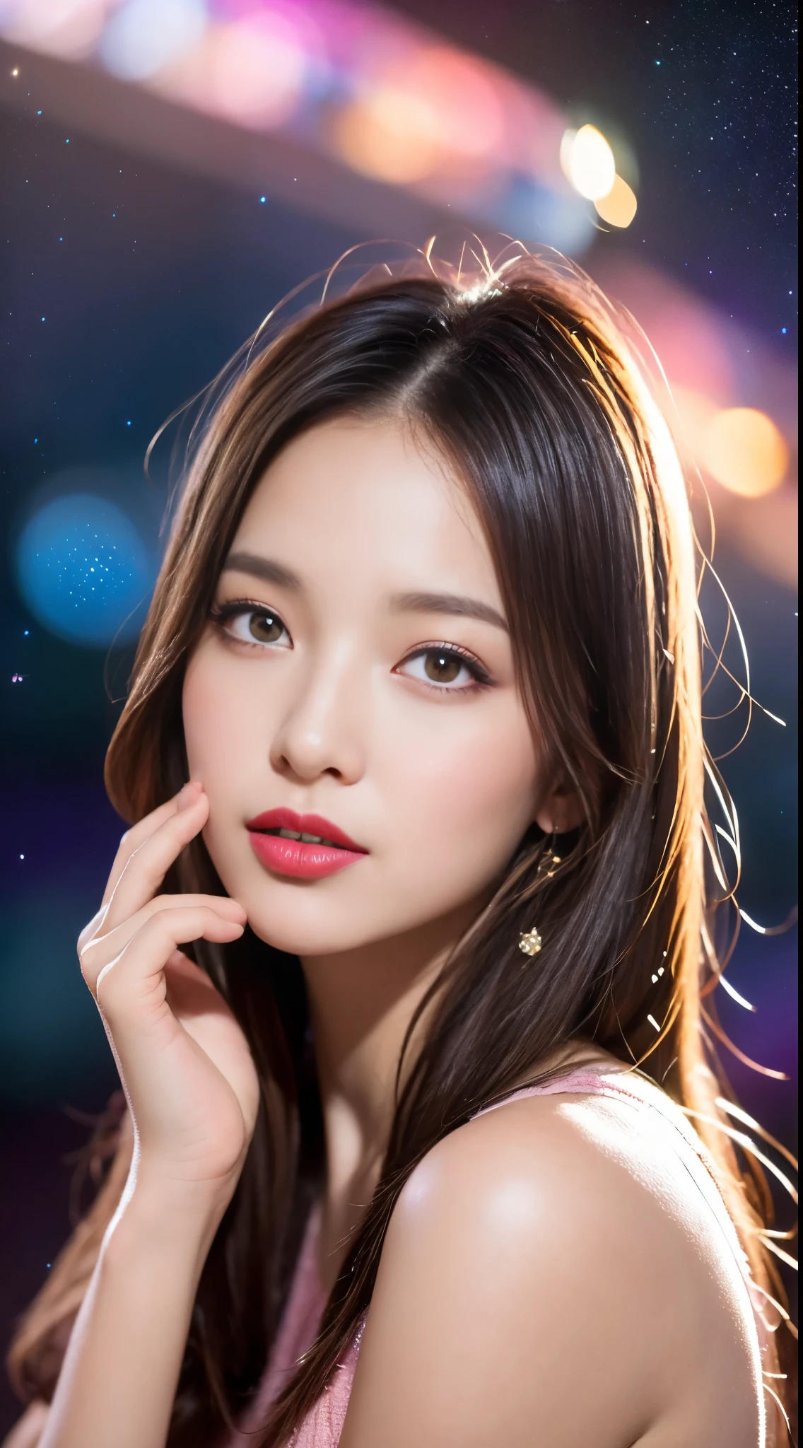 high detail, Super detailed, ultra high resolution, Girl enjoying her time in the galaxy of dreams, surrounded by stars, Warm light sprinkled on her, Starry sky with colorful galaxy and galactic clouds in the background, Stars flying around her, delicate face, Add a playful atmosphere , --v6,(((Light pink cheeks and lipstick))),