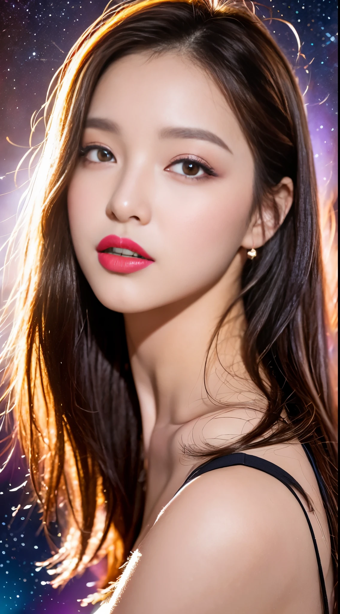 A woman with long hair and a black top posing for a picture - SeaArt AI