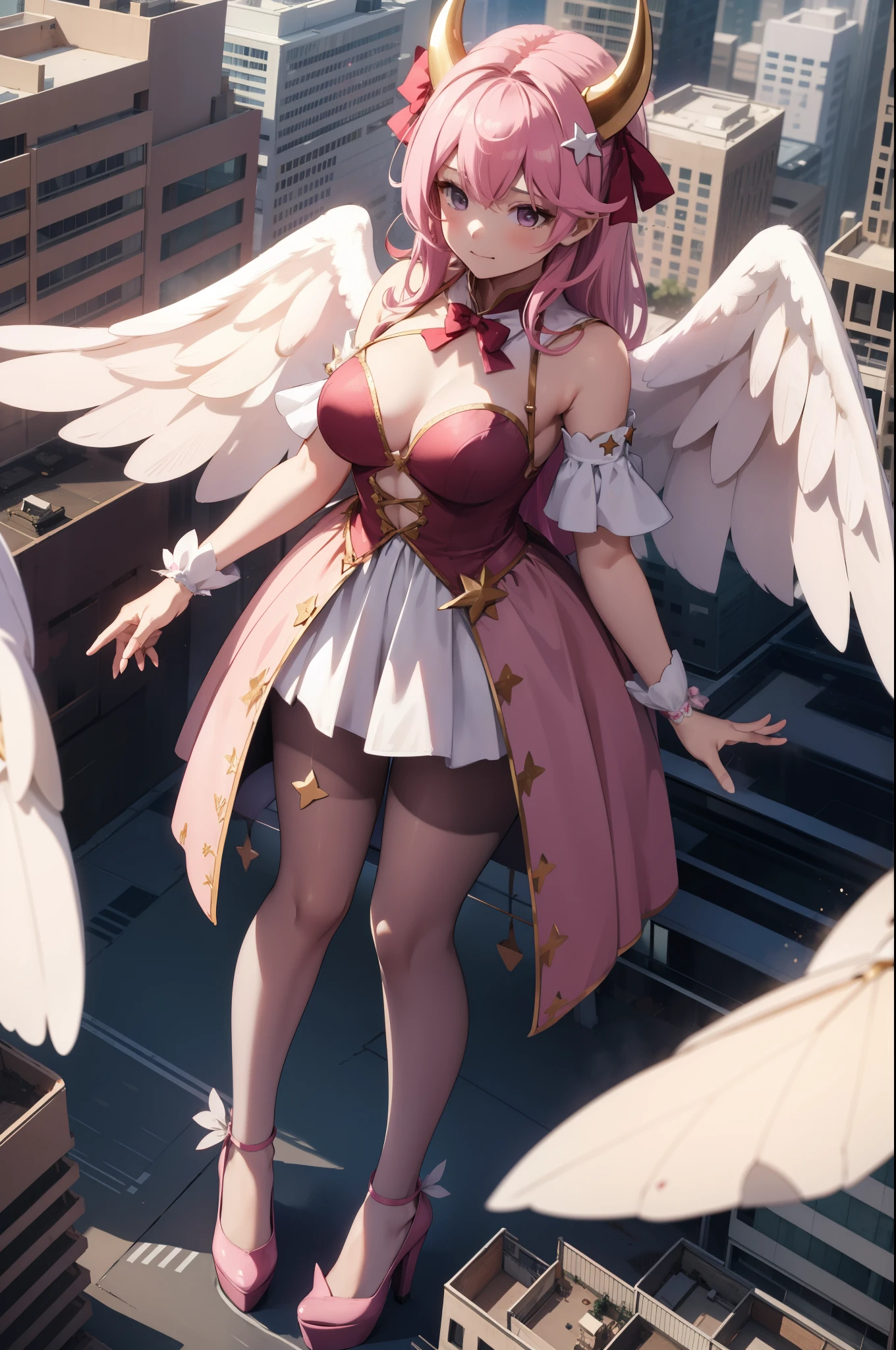 Aerial View,giant girl 50,000 feet high,Weight 1000kg,Has a pair of huge pink angel wings,With huge devil horns on his head,Has waist-length pink hair,loose hair,Pink wavy hair,Pink crown,Wearing a pair of pink Mary Jane high heels,Pink lace gloves,Pink lace pantyhose,Pantyhose with bow and star decorations,粉色蕾丝whole body,Standing upright on a small city,Beautiful appearance,Exquisite makeup,quality,8k,高quality,Perfect proportion, Cinema lighting,film grain,Fuji colors,8k,textured skin,Super details,high detail,high resolution,fake smile,blood stains,脚底有blood stains,whole body,Obese,feather