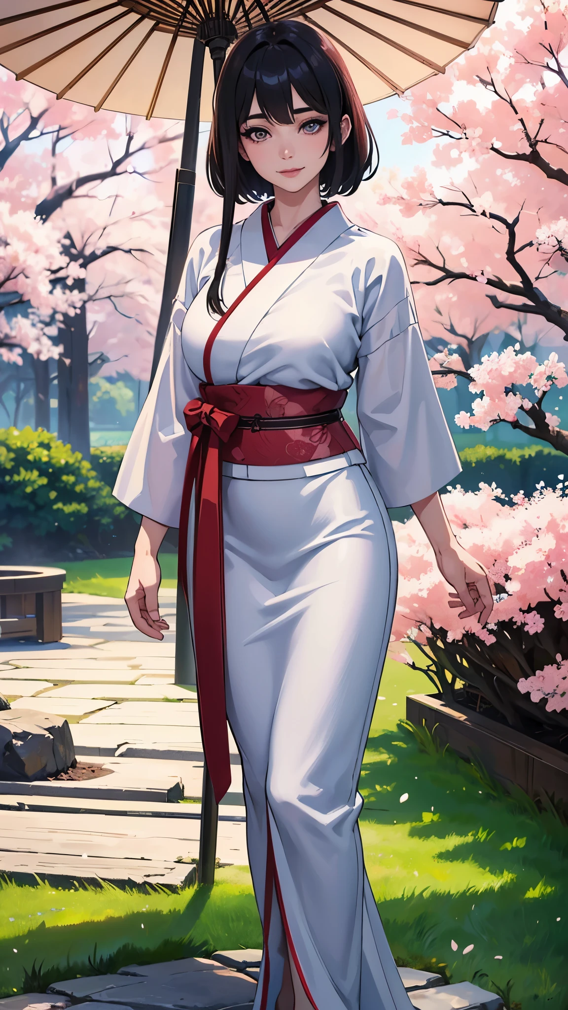 Anime girl in a kimono outfit walking in a park with an umbrella ...