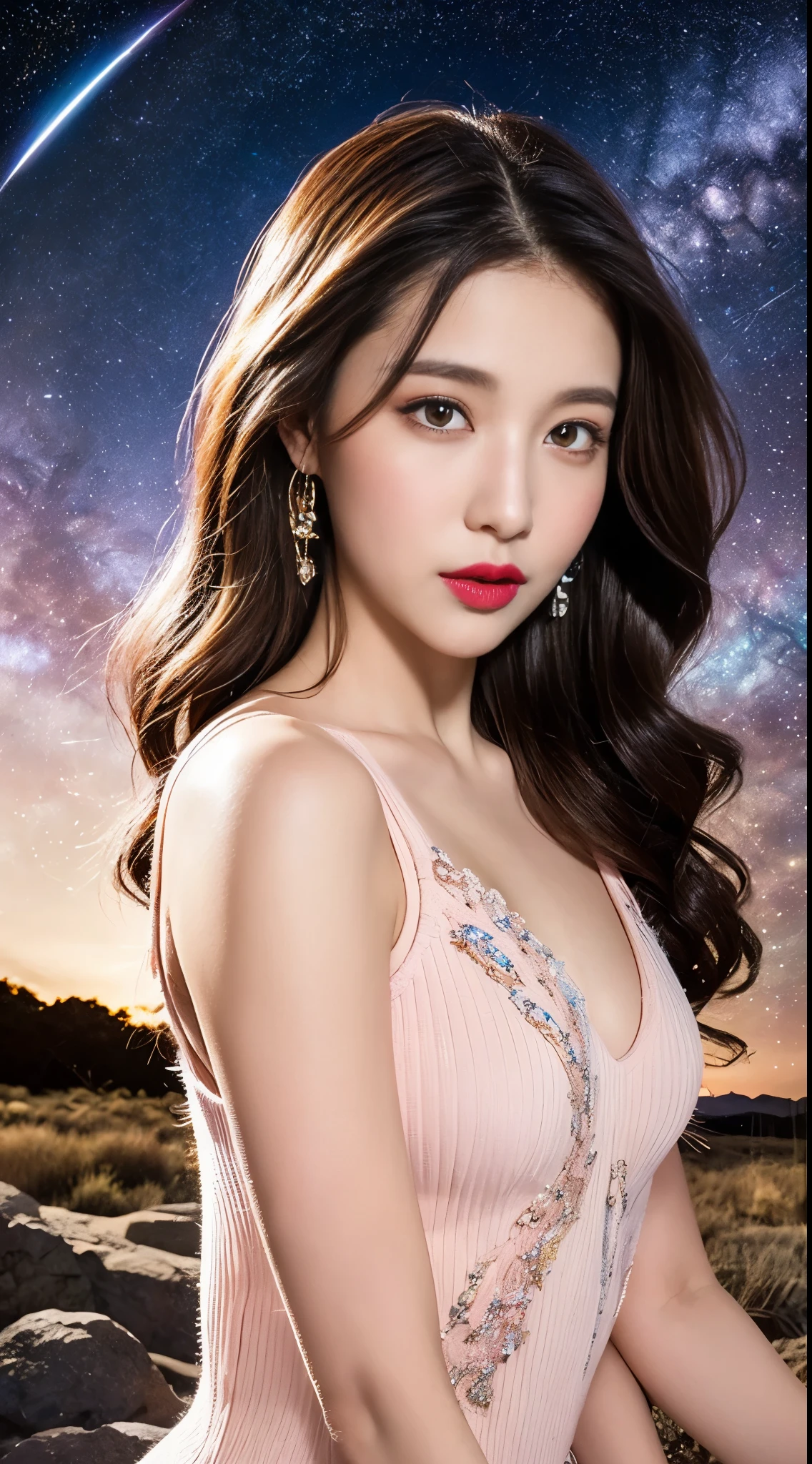 high detail, Super detailed, ultra high resolution, Girl enjoying her time in the galaxy of dreams, surrounded by stars, Warm light sprinkled on her, Starry sky with colorful galaxy and galactic clouds in the background, Stars flying around her, delicate face, Add a playful atmosphere , --v6,(((Light pink cheeks and lipstick))),