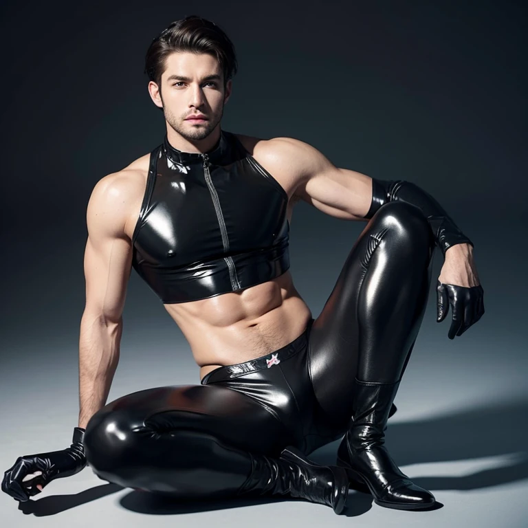 Handsome man wearing latex suit and latex gloves,abdominal muscles,Full body appearance,Protruding crotch,chest muscles,sports student,no beard