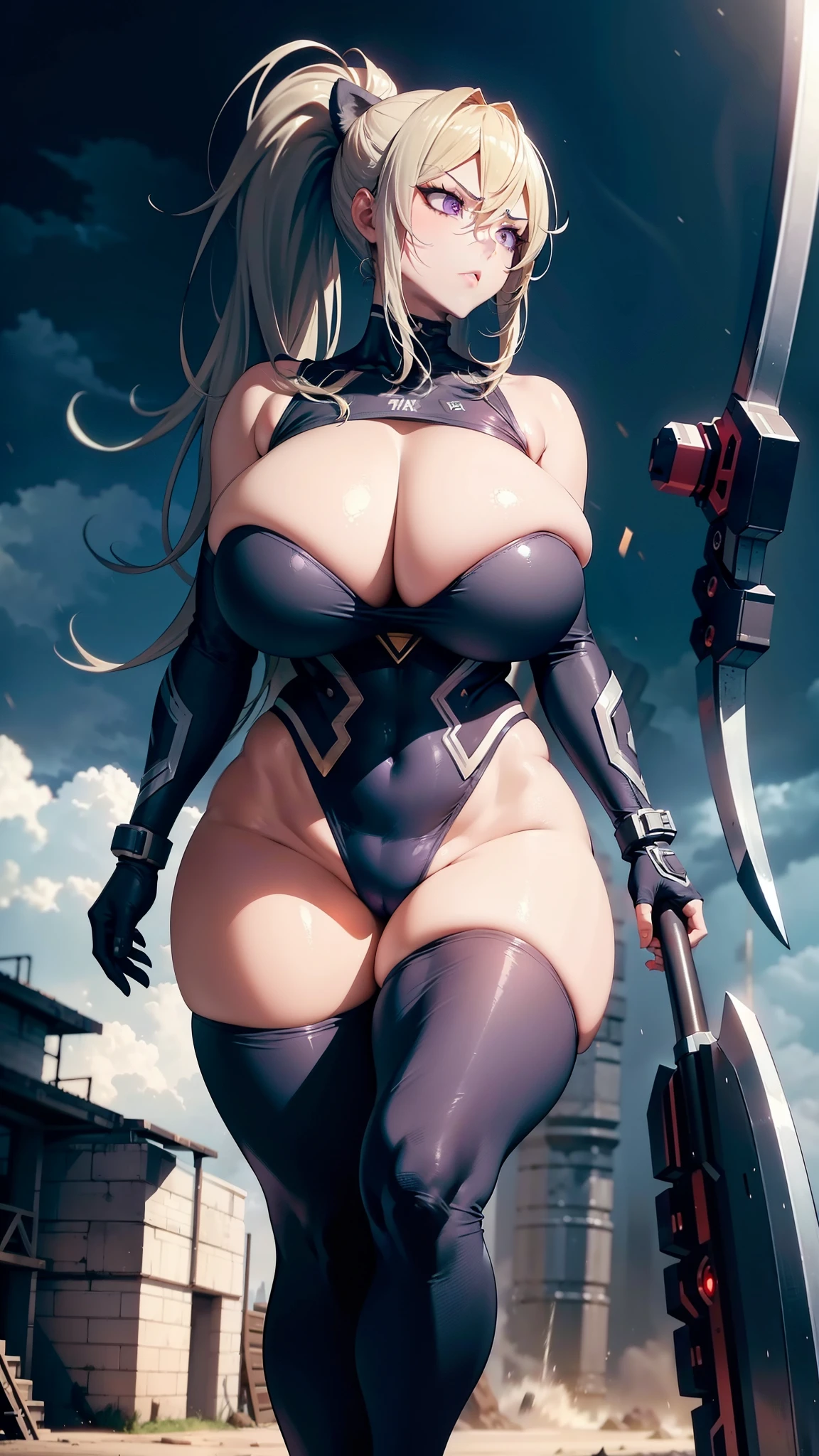 (masterpiece), best quality, expressive eyes, perfect face, ultra detailed, huge breasts, thicc thighs, fitness body, angry expression, combat suit, long silver hair, purple eyes, hair over eye, long High ponytail, lion queen, wawing a battle axe, post apocalyptic, lightning storm, cyclone, full body, close up, depth of field,