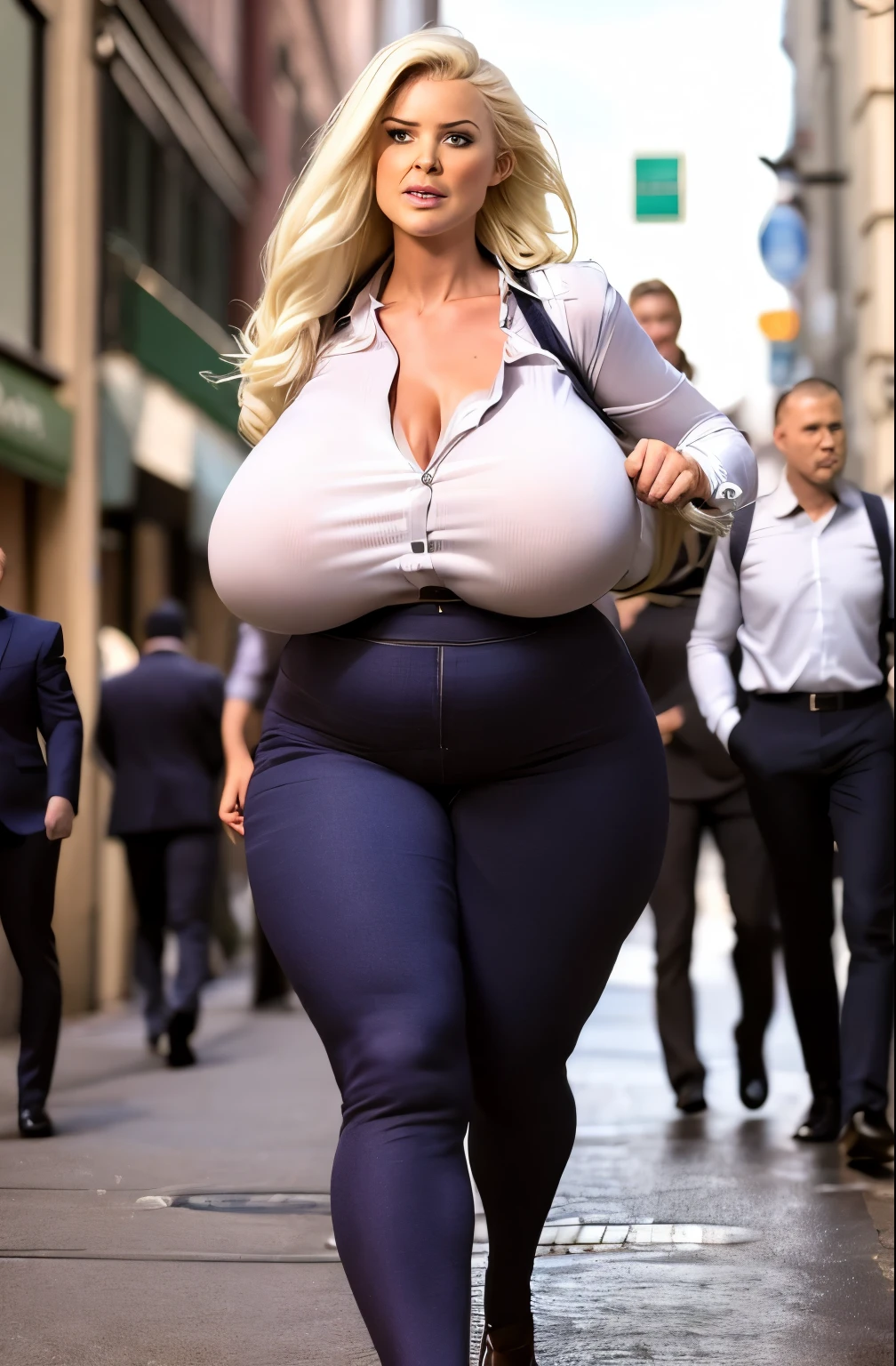 Meisterwerk, Beste Qualität, slim body, wide hips, huge heavy breasts, low hanging breasts, white business shirt, business trousers, long wavy hair, walking in the city, wide angle shot, full body shot, full person view, summer time, 