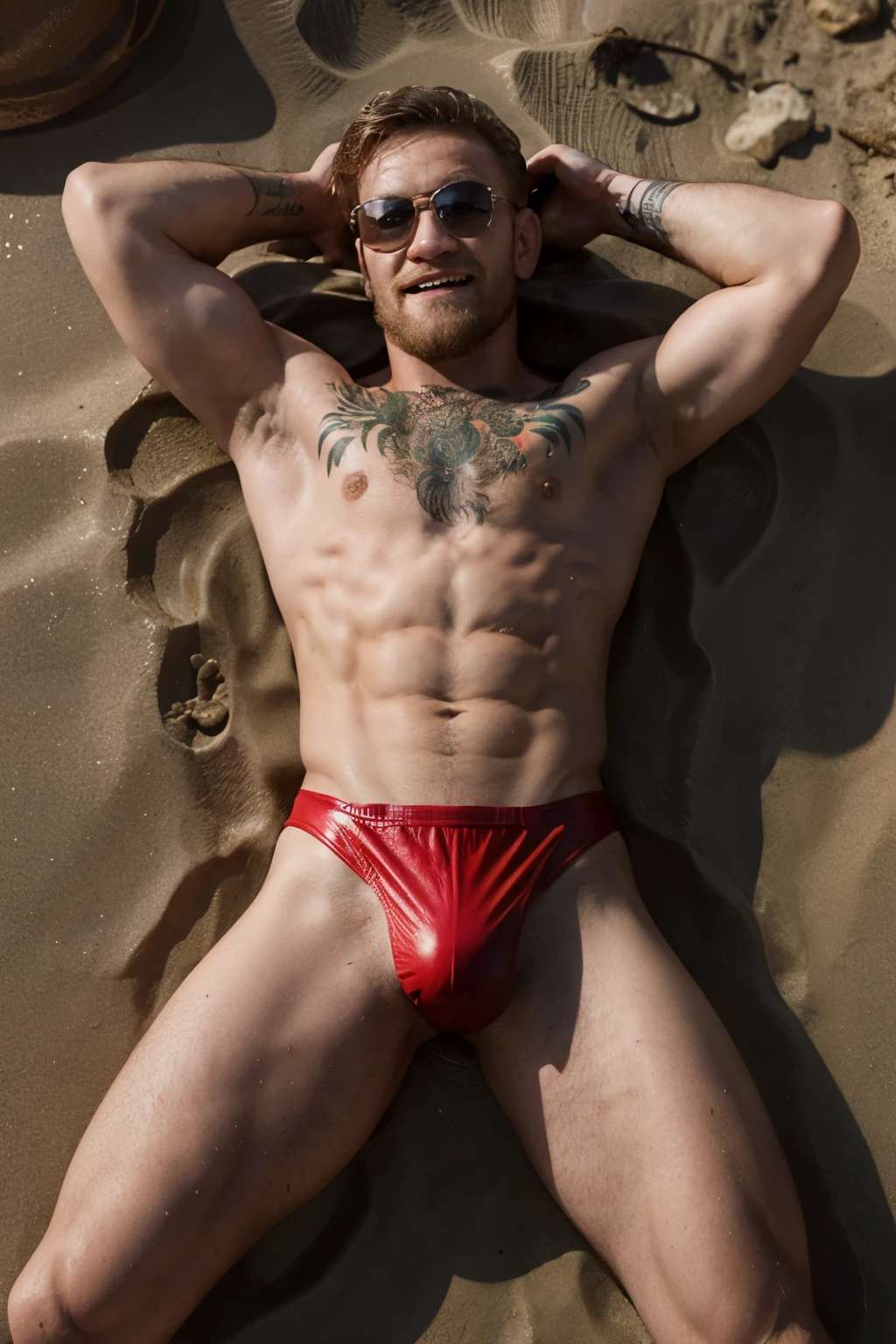 conor mcgregor smiling in shades, in tight red leather speedos, manspred on the beach. hands over head.