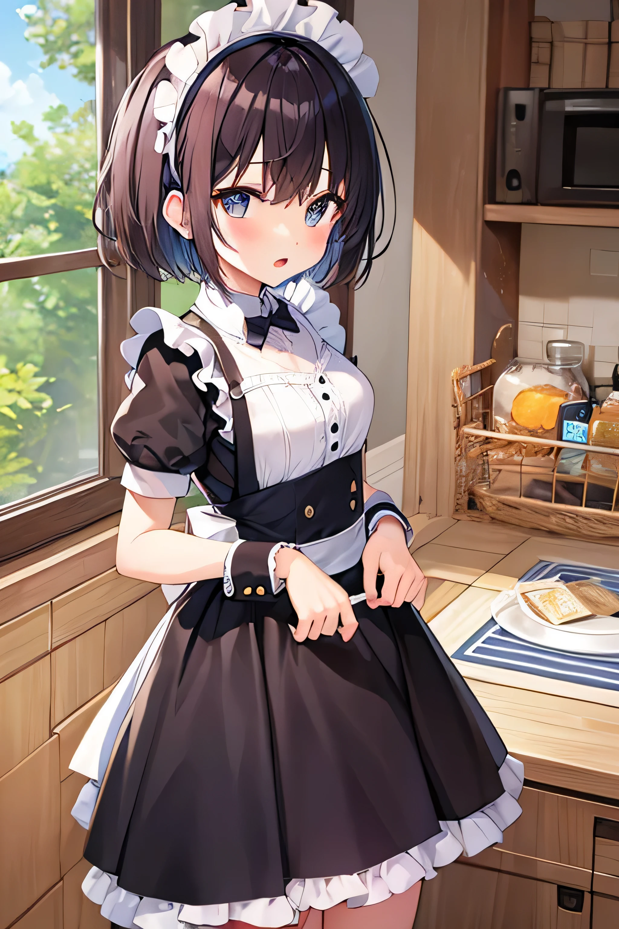 masterpiece、Highest image quality、ultra high resolution、Well-developed elementary school girl、short hair、red face、mock、Please open your mouth just a little、Short sleeve maid clothes、mini skirt、maid headband、striped above knee socks、kitchen