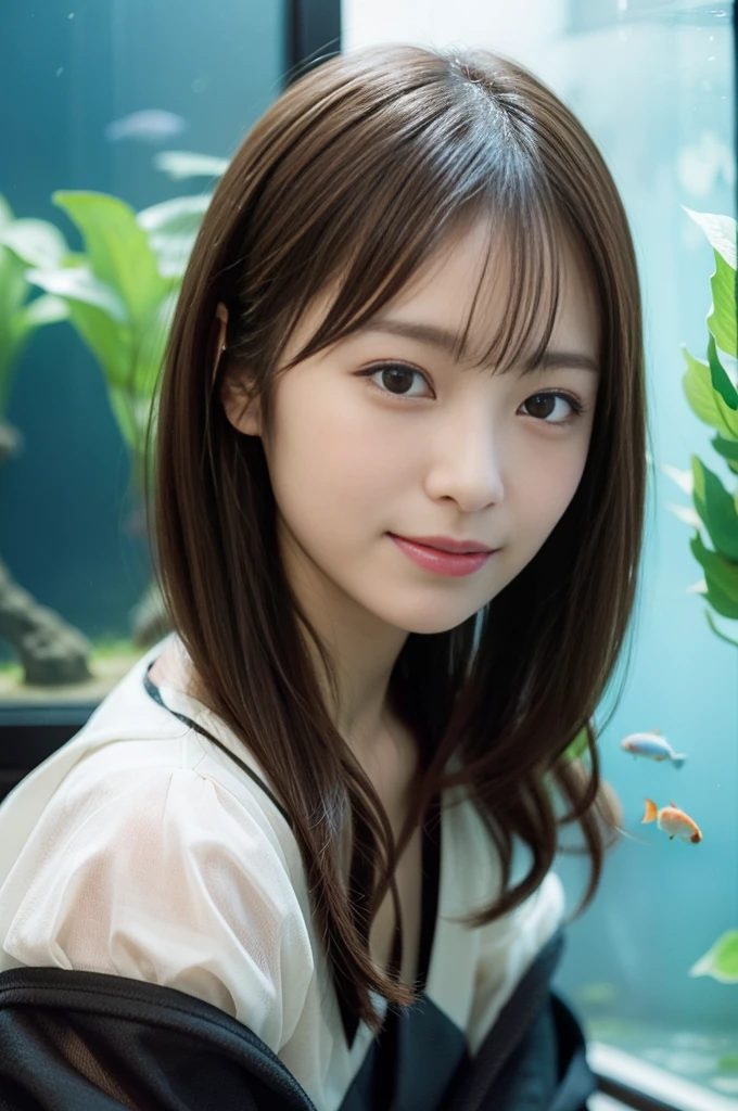 In 8K,highest quality:1.4, Super high resolution:1.5, (realistic:1.4),masterpiece:1.2,(highest quality:1.4)、 RAW photo、(background is blurry), aquarium、full body shot:1.5、 1 japanese girl, cute, (alone), (shy smile), smooth skin、(30 years old:1.4)、stand、checked mini skirt、cute mini skirt、 (brown medium hair,bangs), (touch hair:1.4)、Nogizaka、cute、supple fingertips,beautiful black eyes、natural skin texture:1.3, Realistic eye and face details:1.7、medium breasts、look at the viewer、beautiful feet、autumn's、long sleeve、aquarium