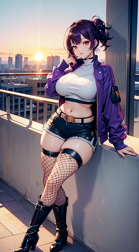 (masterpiece), high-definition, vibrant colors, korean girl, big boobs, big hips, messy dark purple hair, orange eyes, crop top sweater, jacket, shorts, belt, thong, thigh high stockings, boots, fishnet, balcony, leaning on the railing, sunset
