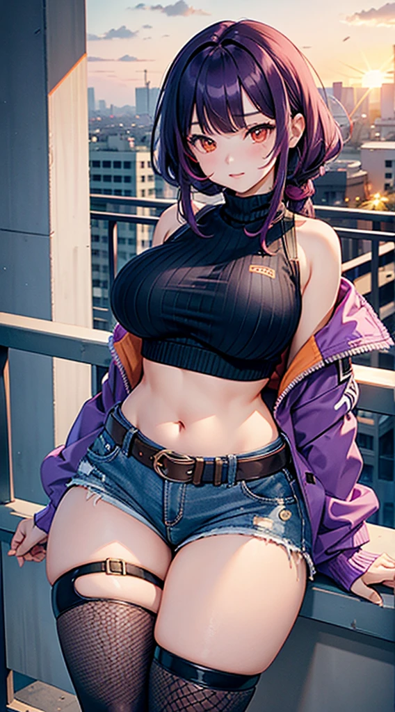 (masterpiece), high-definition, vibrant colors, korean girl, big boobs, big hips, messy dark purple hair, orange eyes, crop top sweater, jacket, shorts, belt, thong, thigh high stockings, boots, fishnet, balcony, leaning on the railing, sunset