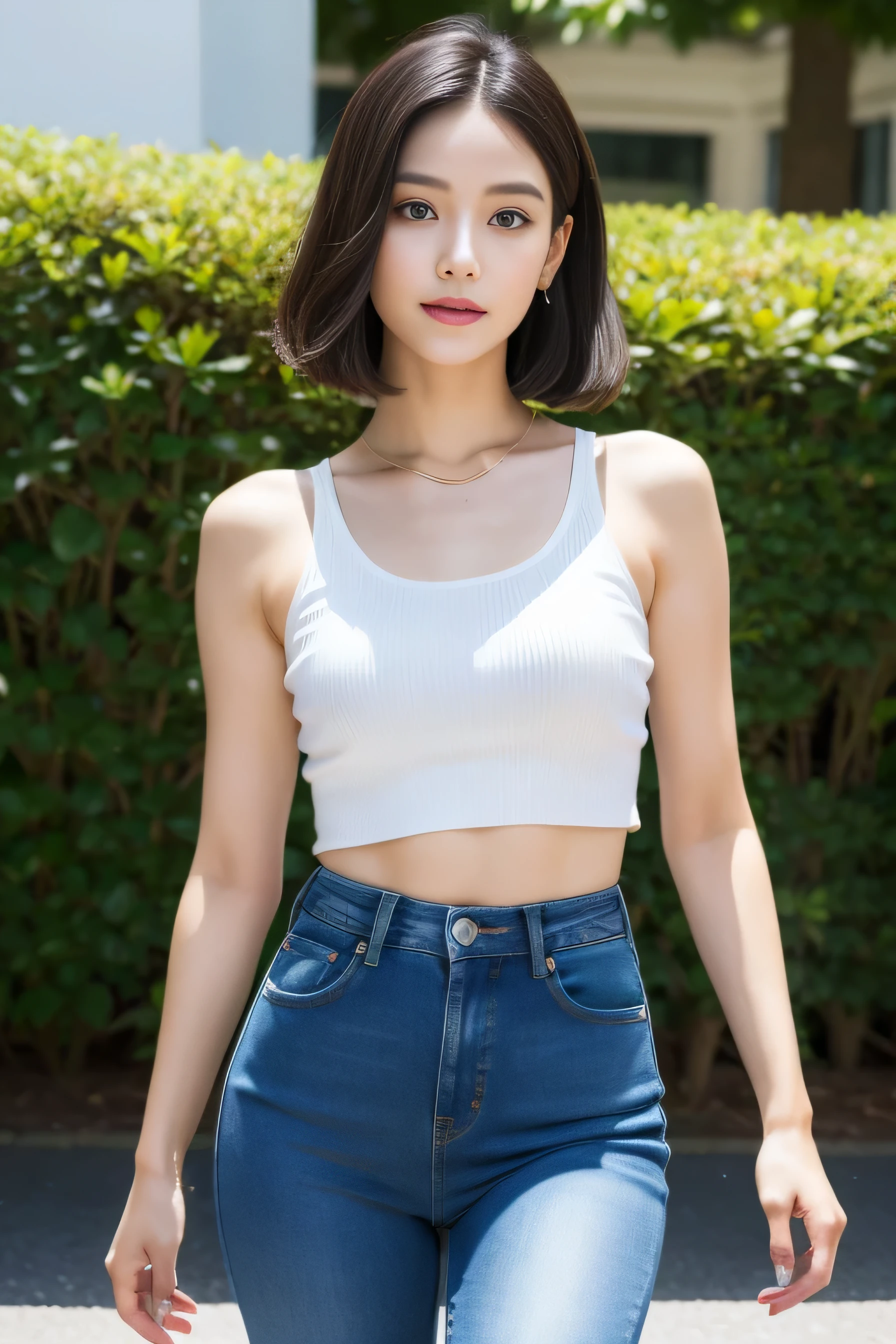 A stunning beauty，the super hot and sexy，Wear low-cut tights，（skintight jeans）， （White crop top top：1.5），Short black hair， photorealestic， photography of， （8K high resolution）， （realisticlying：1.4）， （very intricate）， （exquisitedetails）， highly  detailed， Extremely detailed 8k wallpaper， best qualtiy， 详细的脸， ultra - detailed， RAW photogr， realisticlying， （thigh gap：1.5）