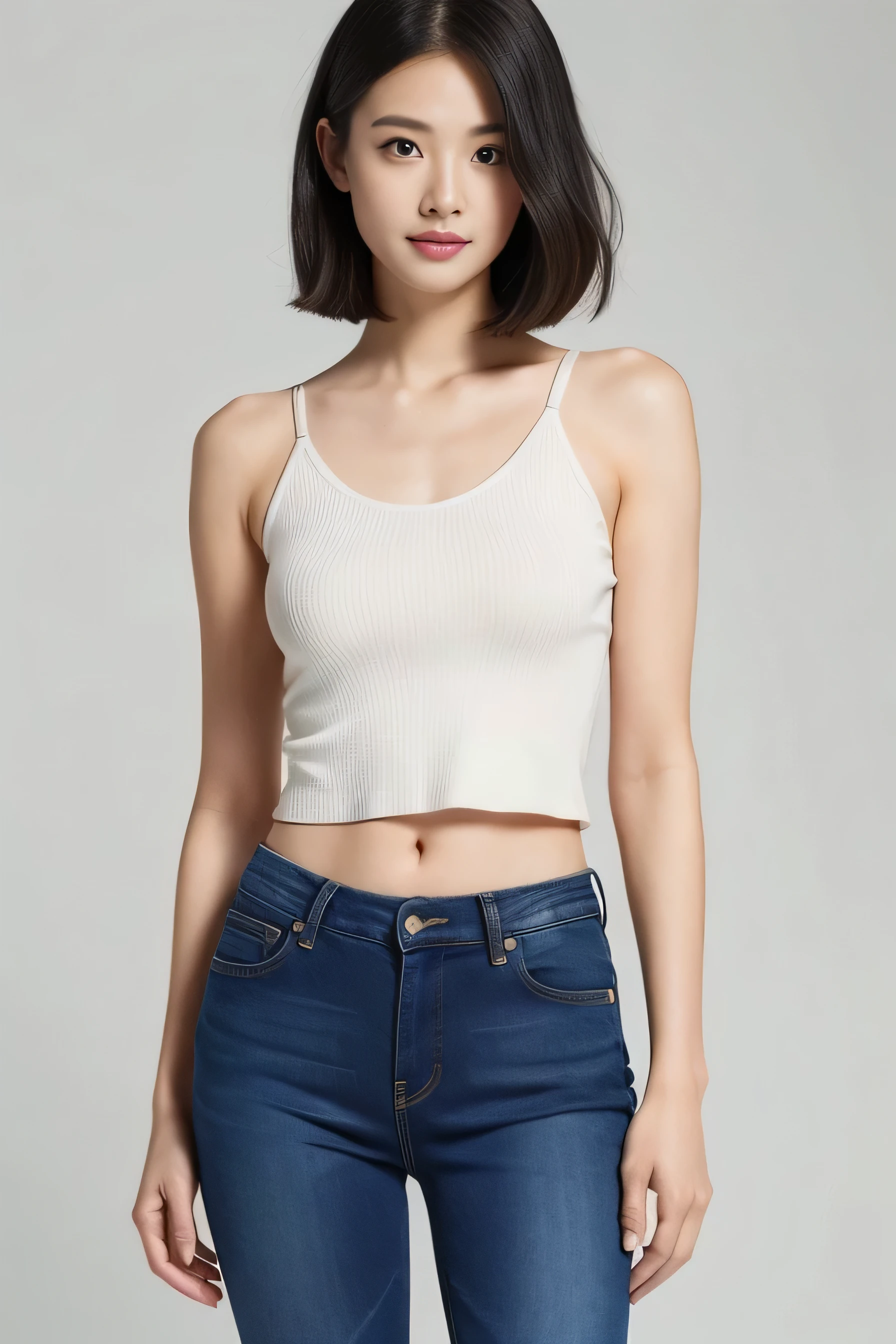 A stunning beauty，the super hot and sexy，Wear low-cut tights，（skintight jeans）， （White crop top top：1.5），Short black hair， photorealestic， photography of， （8K high resolution）， （realisticlying：1.4）， （very intricate）， （exquisitedetails）， highly  detailed， Extremely detailed 8k wallpaper， best qualtiy， 详细的脸， ultra - detailed， RAW photogr， realisticlying， （thigh gap：1.5）
