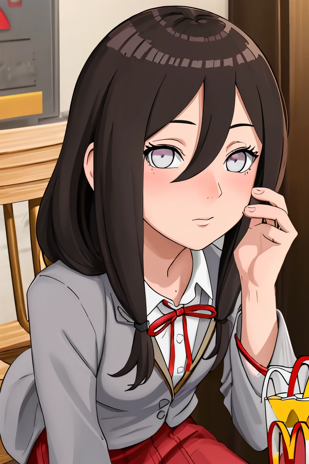 master piece, best quality, 8k, ultra high resolution, highest quality, anime style, best writing, beautiful face, bikin, Hoang Lap (intricate details), (rich and colorful), Highly detailed CG Unity 8K wallpaper, Hinata flower ratio, 1 girl, alone, looking at the viewer, Keep your mouth shut, Wind, long tied low hair, in the room, blush your nose, face is red, Drunk, (White collared shirt:1.3), (Gray suit skirt:1.3), (extreme close up:1.2), Eat french fries, (mcdonalds:1.3), sit on a chair