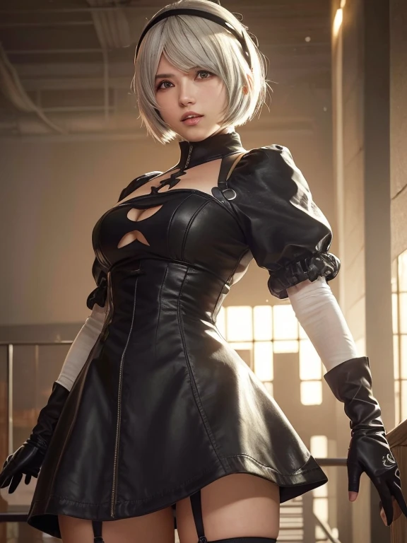 8K,Masterpiece,One woman,japanese sword,Smile,30 years old,blue eyes,White Hair,Short Bob Hair,(Gothic ta),Dutch beauty,Ella Freya(Ella Freya),(White panties),2b, short hair, Knee socks, gloves, Long sleeve, dress, Slender figure, Cleavage, Small breasts, Gray Hair, hair band, boots, Puffy sleeves, black Knee socks, Black footwear, Mole, black dress, High heels, leotard, Clothing cutouts, thigh boots, Cleavage cutout, black hair band, Juliet Sleeve, high heel boots,Dynamic Angle,Panty Shot