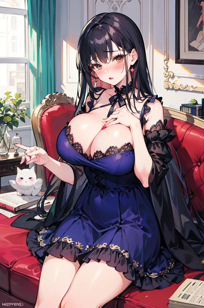 perfect human body,girl, Mature female, Mature, Beautiful wife,Intellectual woman,very long hair, blush, lipstick,(Very detailed background,living room), victorian style short dress,translucent,((woman with fever)),huge ,(blush:1.2),Sitting on the sofa,, skirt lift,breast_grab, masturbation, shaved_pussy,