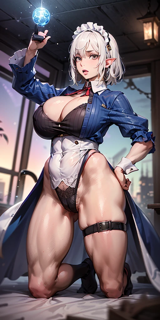 White hair , short hair, pinched eyes, (big-:1.5), Thin legs, thin body, leather collar, Maid outfit victorian, dynamic pose, full body, view from below, wide hips, kneel on the sheet in bed. purple skin, drow elf