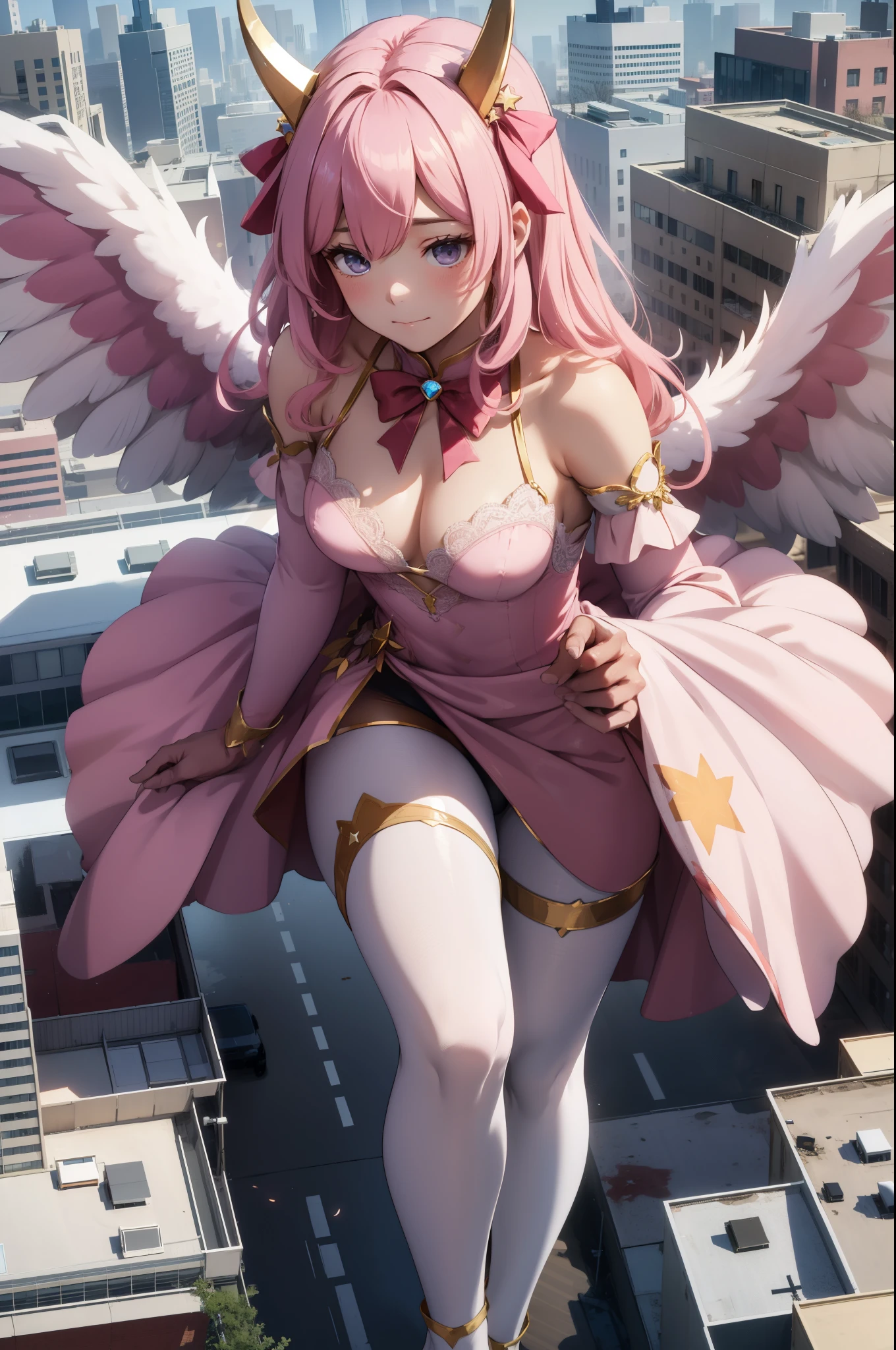 Aerial View，giant girl 50,000 feet high，Weight 1000kg，Has a pair of huge pink angel wings，With huge devil horns on his head，Has waist-length pink hair，loose hair，Pink wavy hair，Pink crown，Wearing a pair of pink Mary Jane high heels，Pink lace gloves，Pink lace pantyhose，Pantyhose with bow and star decorations，粉色蕾丝whole body，Standing upright on a small city，Beautiful appearance，Exquisite makeup，quality，8k，高quality，Perfect proportion, Cinema lighting，film grain，Fuji colors，8k，textured skin，Super details，high detail，high resolution，fake smile，blood stains，脚底有blood stains，whole body，Obese，feather