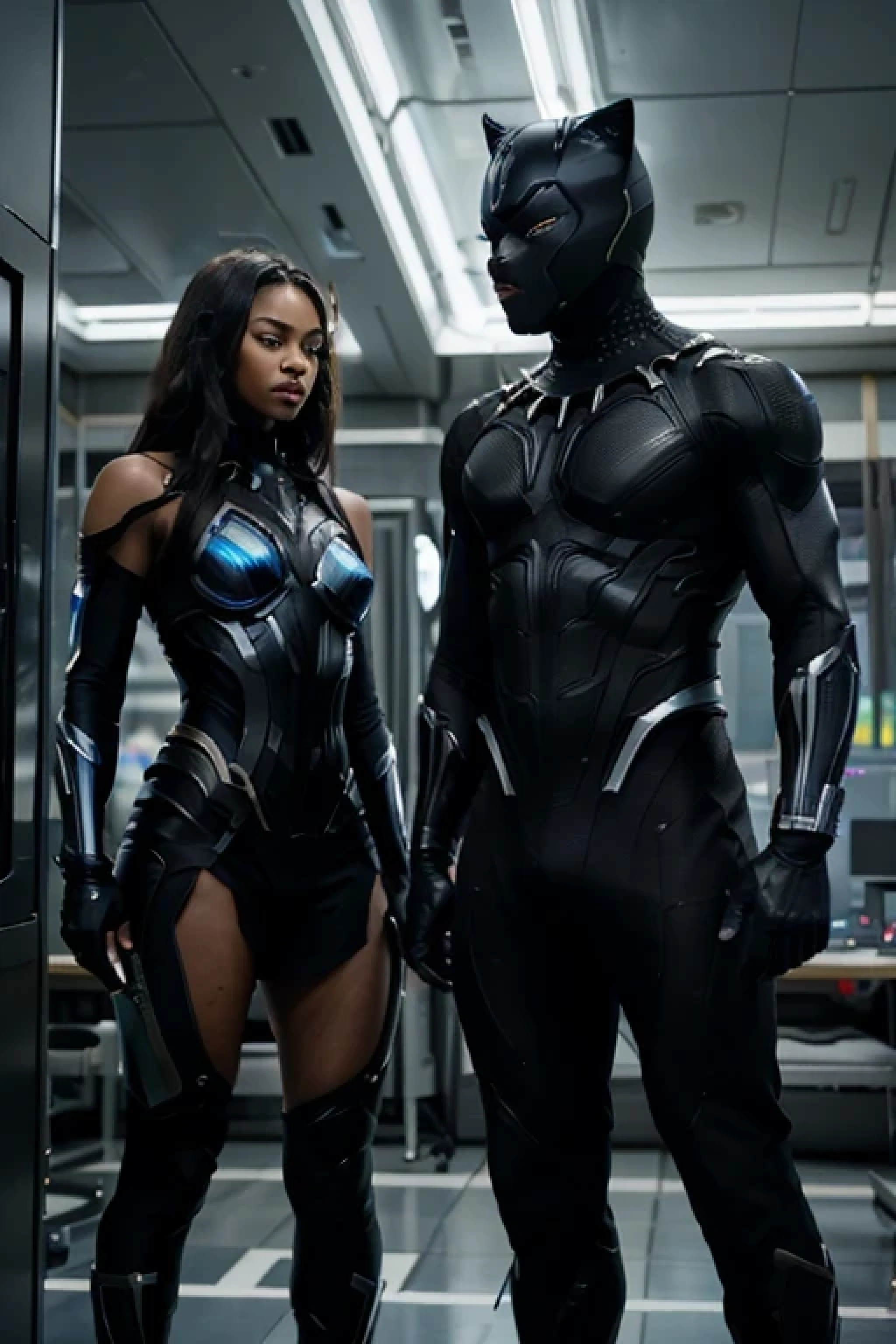 (best quality,4k,8k,highres,masterpiece:1.2),ultra-detailed,realistic,physically-based rendering,detailed facial features,bald,female wakandan warrior,strong and fierce gaze,warrior armor,body covered in vibranium,striking and powerful poses,beautiful traditional African-inspired tribal patterns,decorative face paint and tattoos,richly textured fabric,muscular and toned physique,background scenery of Wakanda,advanced futuristic technology,shadows and highlights creating dramatic lighting effects,vibrant colors,powerful and dynamic composition