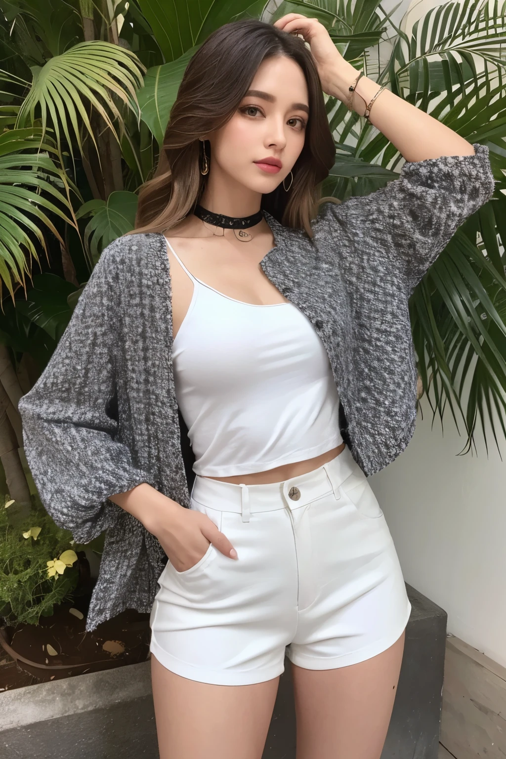 realista, 1 mulheres, melhor qualidade, 12k, High definition, Cabelo longo, seios grandes e redondos, decote, rabo de cavalo, colar, joia, shorts, jaqueta curta, quadris finos, hair tie, olhos amarelos, Cabelo preto, super detalhado, detalhes dos olhos, detalhes do cabelo, detalhes da pessoa, Detalhes da boca, detalhes do rosto, detalhes da mama, detalhes de roupas, detalhes do cabelo, pants details, Hand details, todo o corpo