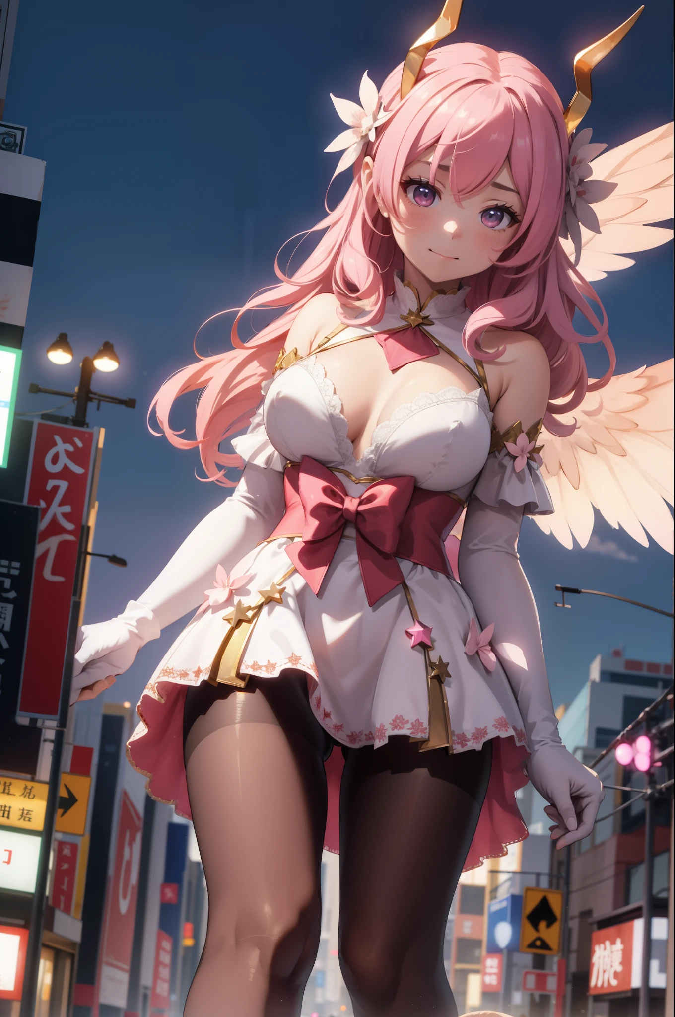 Aerial View,giant girl 50,000 feet high,Weight 1000kg,Has a pair of huge pink angel wings,With huge devil horns on his head,Has waist-length pink hair,loose hair,Pink wavy hair,Pink crown,Wearing a pair of pink Mary Jane high heels,Pink lace gloves,Pink lace pantyhose,Pantyhose with bow and star decorations,粉色蕾丝whole body,Standing upright on a small city,Beautiful appearance,Exquisite makeup,quality,8k,高quality,Perfect proportion, Cinema lighting,film grain,Fuji colors,8k,textured skin,Super details,high detail,high resolution,fake smile,blood stains,脚底有blood stains,whole body,Obese,feather