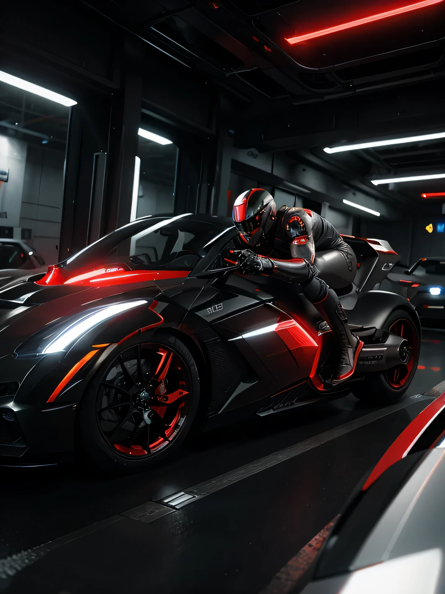 realistic vehicle futuristic, cyborg, robot, red and black