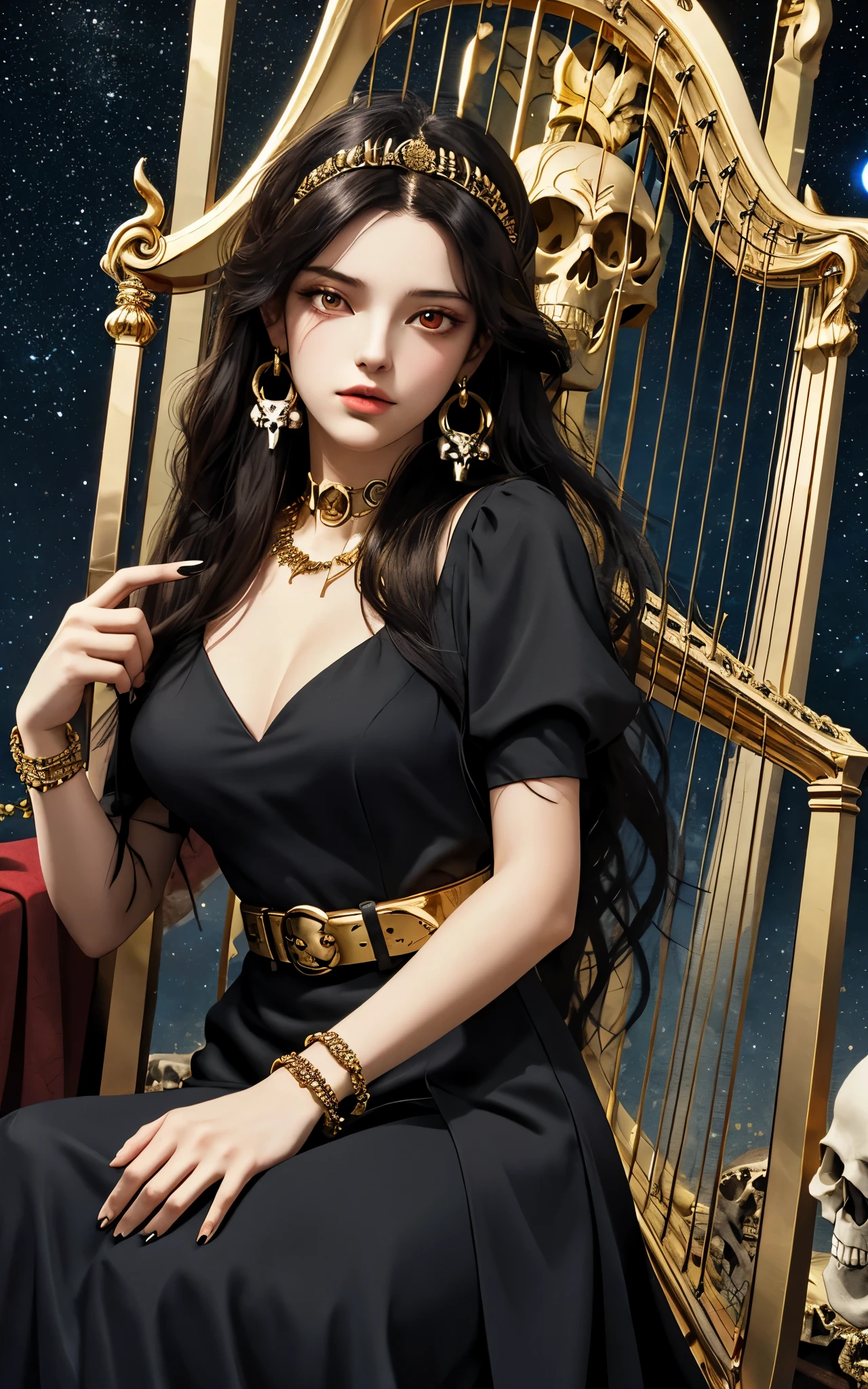 1 girl, solo, details, masterpiece, best quality, photorealistic realism, beautiful girl, long hair, black hair, skull headband,  gold earrings, red eyes, beautiful face, skull necklace, perfect body, large breast, open chest, black long dress, skull bracelet, gold earrings, gold belt, musical instrument, harp, sit on ancient chair, dark sky, dark temple, 