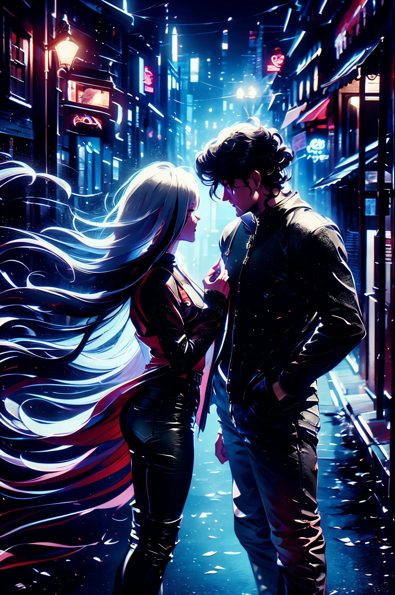 Couple in love: drow girl (long white hair, black overalls) and the guy is a man (black wavy shoulder-length hair, dark fantasy doublet, tight pants, Wellingtons), looking at each other on the street at night, fantasy style, high detail, a high resolution