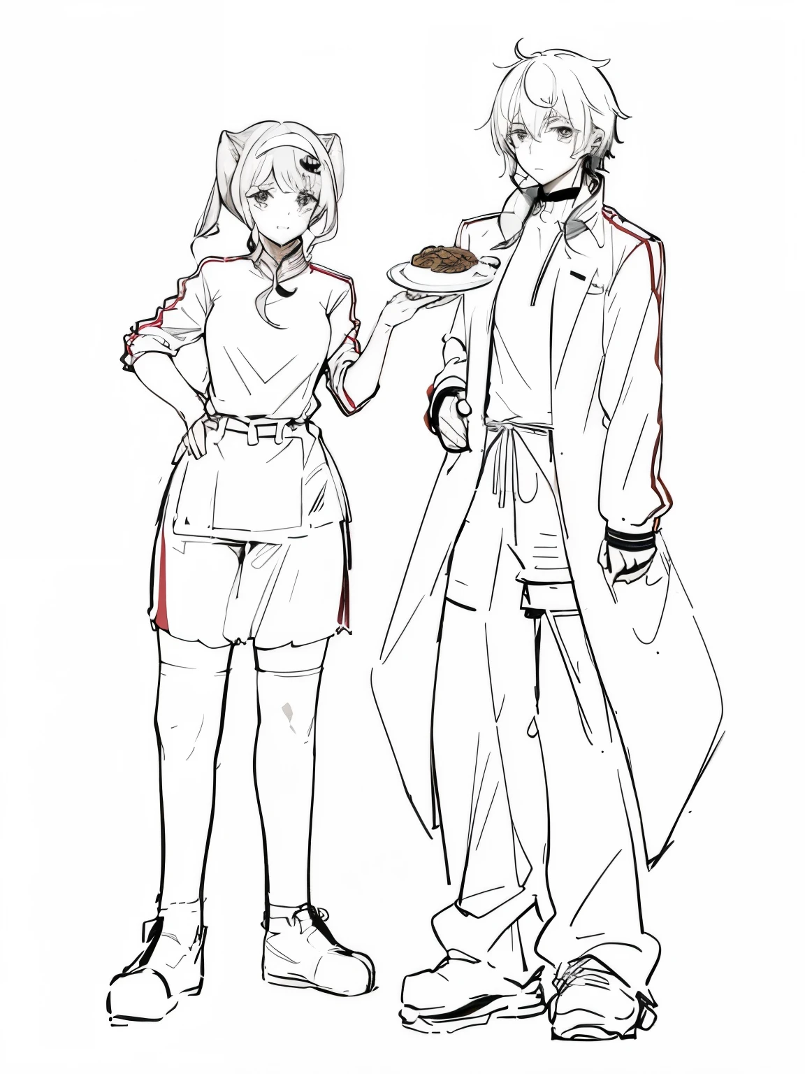 Anime character standing drawing,One man and one woman,meatball head,Qi bangs,Girl holding a plate of snacks,Short cheongsam,Chinese mother,Boy holding coke,windbreaker,shorts