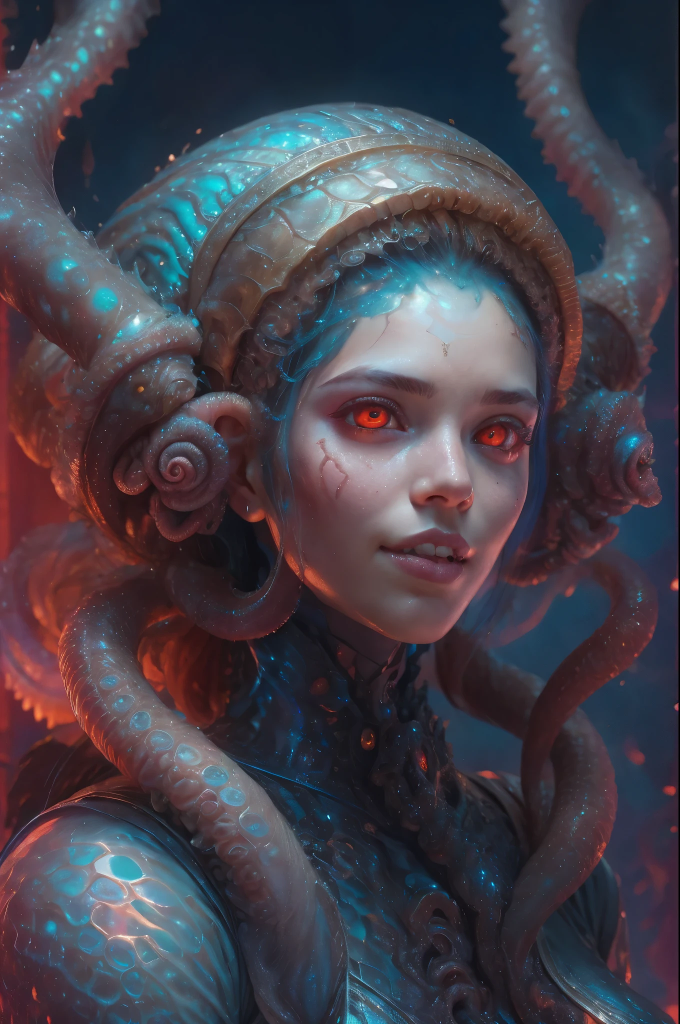 Portrait, (beautiful female alien:1.2),  (she has red eyes with no pupils:1.8), (Translucent skin:1.7),  (There is a female genital-like organ in the middle of the forehead:1.9), (The most beautiful face in the history of the universe:1.2),an evil gaze that seduces, (large mouth:1.1), (sharp teeth like a vampire:1.2), Full body portrait, (bio luminescent:1.5), (Smile wickedly:1.3),  (sexypose:1.5), alien, No humans, cells are fused, (Lots of translucent tentacles:1.3) extraterrestrial, cell, bio image, best quality, 8K,In 4K_quality, High freshness, Dramatic Lighting, masutepiece:1.5,cinematic quality, detail up, (exquisite details:1.2), high resolution, High freshness, drawing faithfully, (Thick eyebrows:1.2), Beautiful eyes with fine symmetry,(Highly detailed face and eyes:1.2), Intimate face, (Super detailed skin quality feeling:1.4), perfect anatomy,  (Beautiful toned body:1.5),  (Moist skin:1.2), not wearing makeup, (dark circles:1.1), long canines, cinematic drawing of characters, ultra high quality model, cinematic quality, detail up, (exquisite details:1.2), high resolution, High freshness, drawing faithfully, official art, Unity 8K Wall  , 8K Portrait, best quality, Very high resolution, ultra detailed artistic photography, midnight aura,  unreal engine 5, Ultra Sharp Focus, art by alberto seveso, ArtGerm, Roisch, intricate artwork, best quality, masterpiece, ultra high resolution, (photos realistic:1.4), ultra realistic realism, dream-like, nautilus, Creation of fantasy, Snail, Dream Snail, (biopunk nautilus:1.3),Thrilling color schemes, ultra realistic realism, seductively smiling, Blue tentacles,