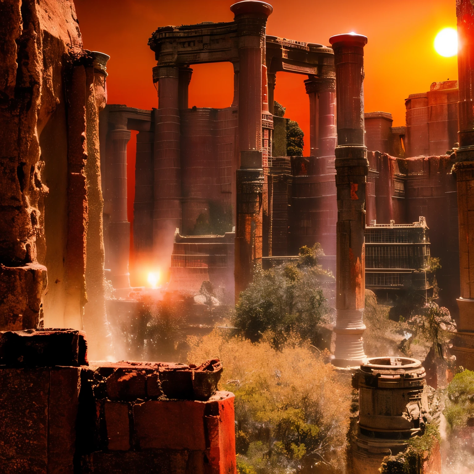 blood red colored sky，Endless, huge and numerous dilapidated ruins，With a touch of futuristic technology