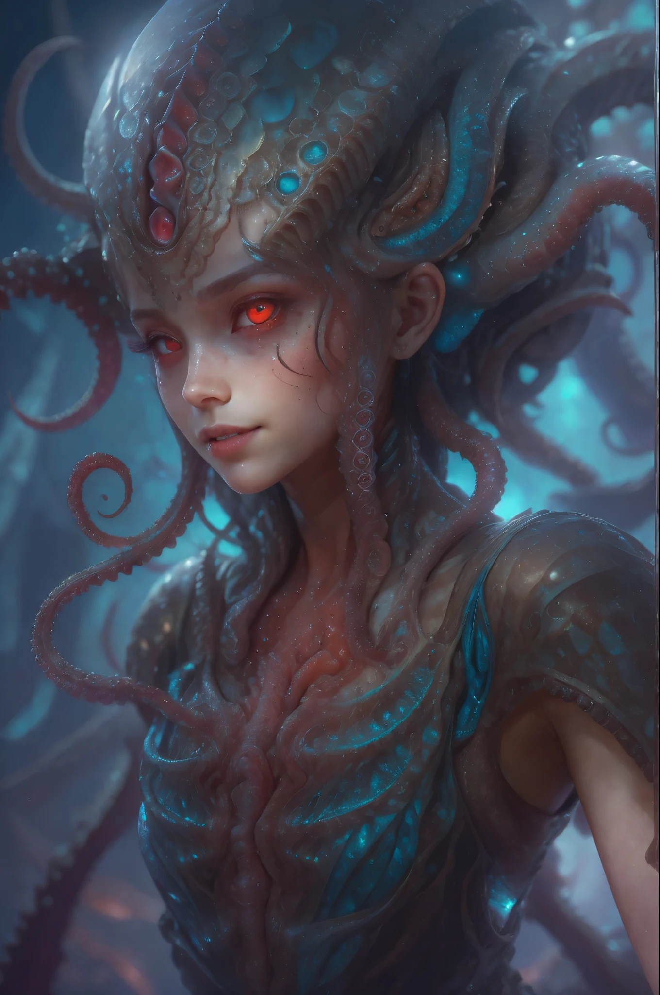 Portrait, (beautiful female alien:1.2), (she has red eyes with no pupils:1.8), (Translucent skin:1.7), (There is a female genital-like organ in the middle of the forehead:1.9), (The most beautiful face in the history of the universe:1.2),an evil gaze that seduces, (large mouth:1.1), (sharp teeth like a vampire:1.2), Full body portrait, (bio luminescent:1.5), (Smile wickedly:1.3), (sexypose:1.5), alien, No humans, cells are fused, (Lots of translucent tentacles:1.3) extraterrestrial, cell, bio image, best quality, 8K,In 4K_quality, High freshness, Dramatic Lighting, masutepiece:1.5,cinematic quality, detail up, (exquisite details:1.2), high resolution, High freshness, drawing faithfully, (Thick eyebrows:1.2), Beautiful eyes with fine symmetry,(Highly detailed face and eyes:1.2), Intimate face, (Super detailed skin quality feeling:1.4), perfect anatomy, (Beautiful toned body:1.5), (Moist skin:1.2), not wearing makeup, (dark circles:1.1), long canines, cinematic drawing of characters, ultra high quality model, cinematic quality, detail up, (exquisite details:1.2), high resolution, High freshness, drawing faithfully, official art, Unity 8K Wall , 8K Portrait, best quality, Very high resolution, ultra detailed artistic photography, midnight aura, unreal engine 5, Ultra Sharp Focus, art by alberto seveso, ArtGerm, Roisch, intricate artwork, best quality, masterpiece, ultra high resolution, (photos realistic:1.4), ultra realistic realism, dream-like, nautilus, Creation of fantasy, Snail, Dream Snail, (biopunk nautilus:1.3),Thrilling color schemes, ultra realistic realism, seductively smiling, Blue tentacles,