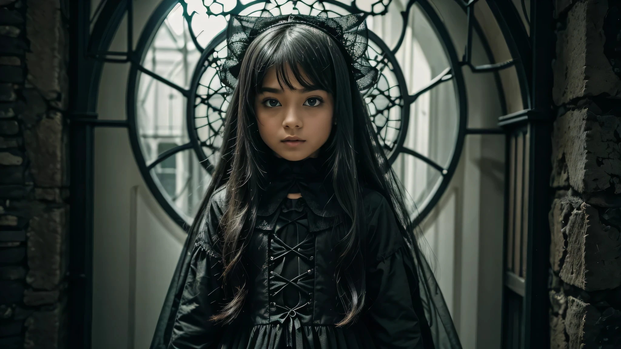 girl in gothic net symbolic clothes, 。luz de fundo verde, .com (Arame farpado do corpo) cabelo de cor morena,Extremidades dos cabelos grisalhos,