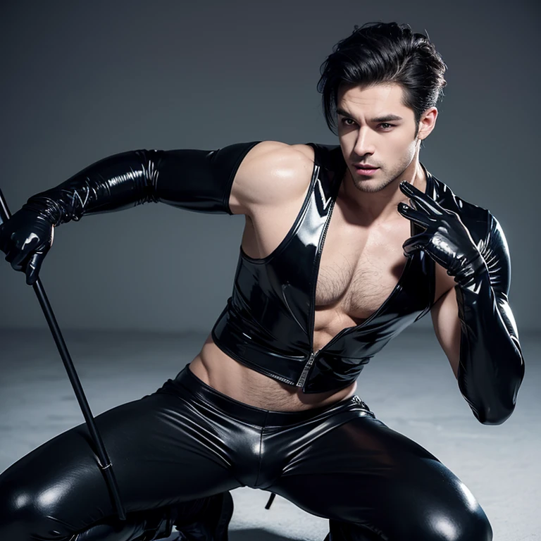 Handsome man with narrow waist and broad shoulders wearing black latex vest and latex gloves,abdominal muscles,Full body appearance,Protruding crotch,chest muscles,sports student,no beard,kneel,stick out tongue,White mucus all over the body