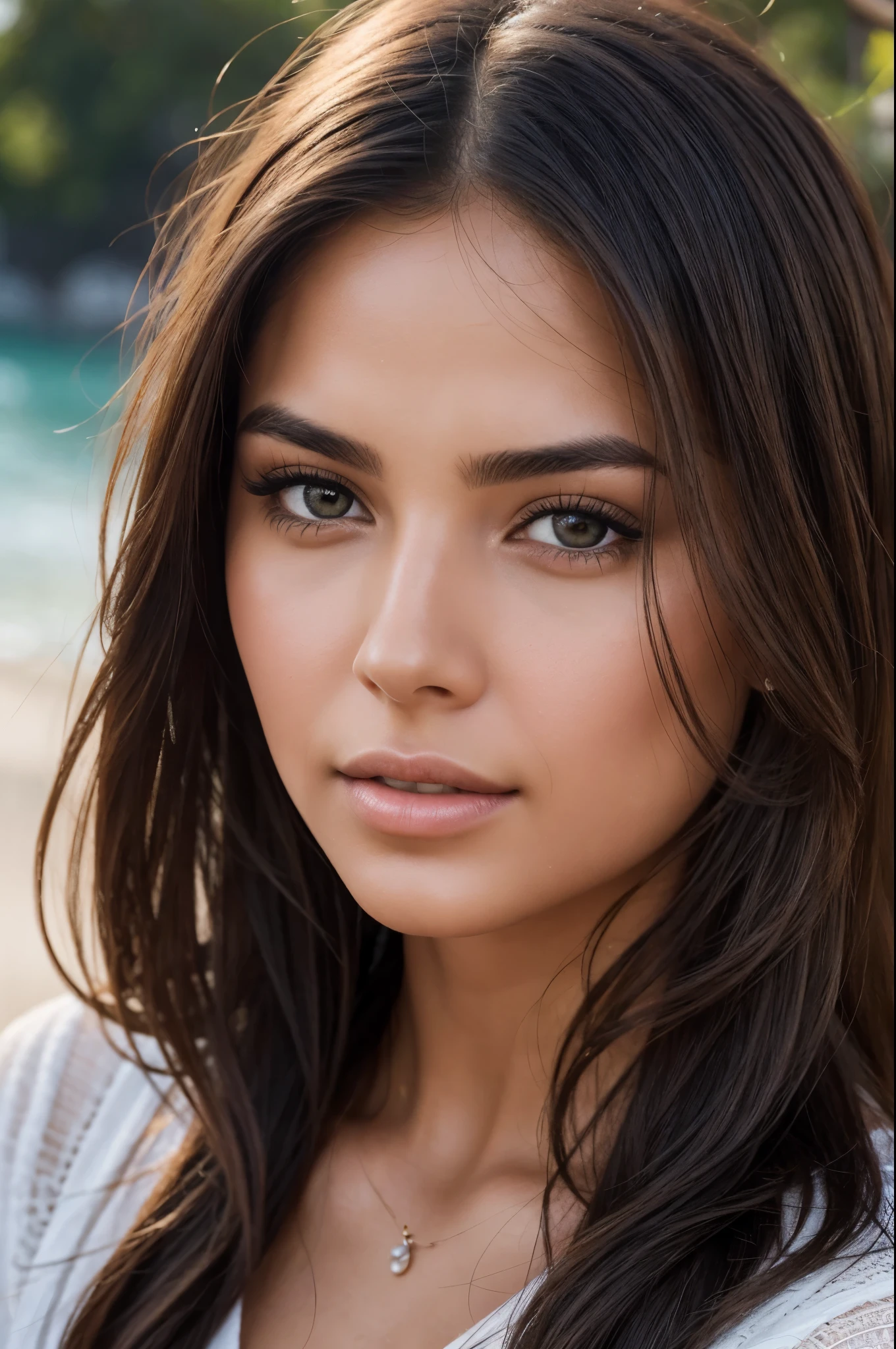 Create an ultra-realistic and sharply defined portrait of a stunning Mediterranean girl, ideal for an Instagram profile photo. Her face is flawlessly beautiful, with features characteristic of Mediterranean beauty. The focus is on achieving a hyper-realistic look, where the skin appears genuinely real and textured, capturing the subtle nuances of skin tone and texture. Natural light should be used to illuminate her face, enhancing her features and bringing out the warmth in her complexion. The lighting should be soft yet sufficient to highlight her facial details without creating harsh shadows, resembling the quality of a professional photoshoot. The background should be minimalistic and not distracting, ensuring the emphasis remains on her mesmerizing face. The overall image should be so lifelike and vivid that it appears almost indistinguishable from a high-quality, real photograph.