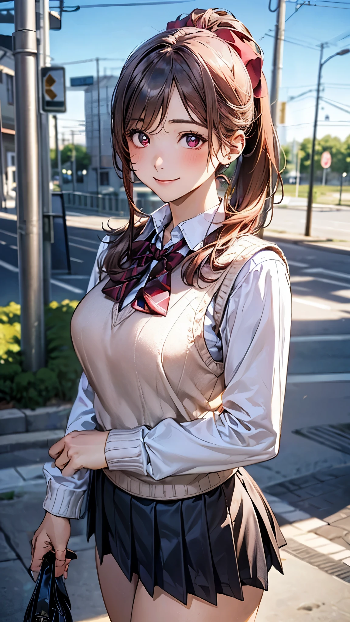 (masterpiece:1.2, top-quality), (realistic, photorealistic:1.4), beautiful illustration, (natural side lighting, movie lighting), nsfw,
looking at viewer, cowboy shot, front view:0.6, 1 girl, japanese, high school girl, perfect face, cute and symmetrical face, shiny skin,
(long hair:1.8, side ponytail:1.7, sidelocks, light pink hair), parted bangs, red eyes, long eye lasher, (large breasts:0.8, thick thighs),
beautiful hair, beautiful face, beautiful detailed eyes, beautiful clavicle, beautiful body, beautiful chest, beautiful thigh, beautiful legs, beautiful fingers,
((((long sleeve)), white collared shirts, navy pleated mini skirt, black socks, brown loafers, red bow tie, pastel pink sleeveless knitted vest, black headband)), pink panties,
(beautiful scenery), evening, riverside, walking, (lovely smile, upper eyes),