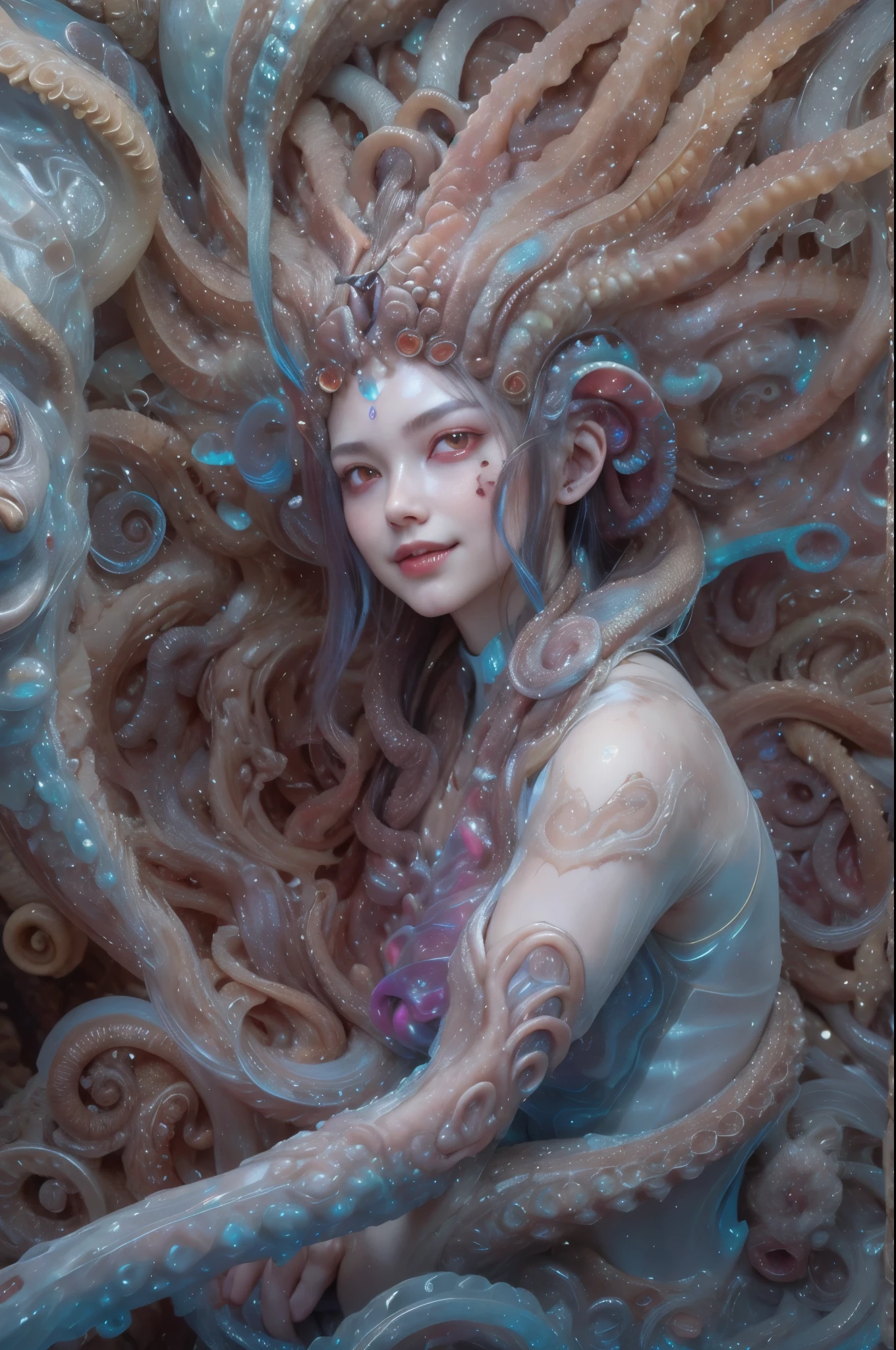 close up of an japanese elf woman standing nude with rainbow subsurface scattering in a short pearlescent low cut tight fitting dress on a moonlit night in a rusty factory, (photograph:1.3), (masterpiece:1.1), front lit, golden hour, (colouring book:1.2) , (monochrome:0.9), (high contrast:1.0),(cuttlefish:1.4), (mermaid:1.1), by Jeremiah Ketner